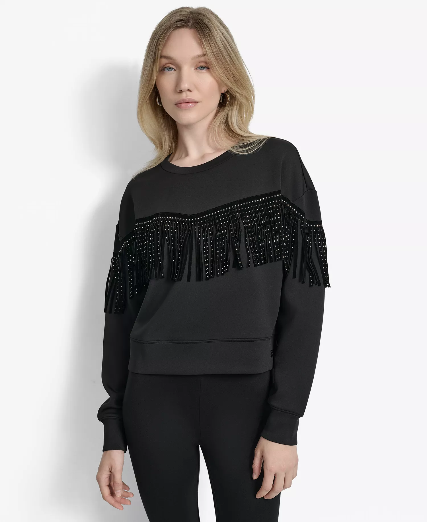 Women's Long Sleeve Studded Fringe Pullover  - Black - M