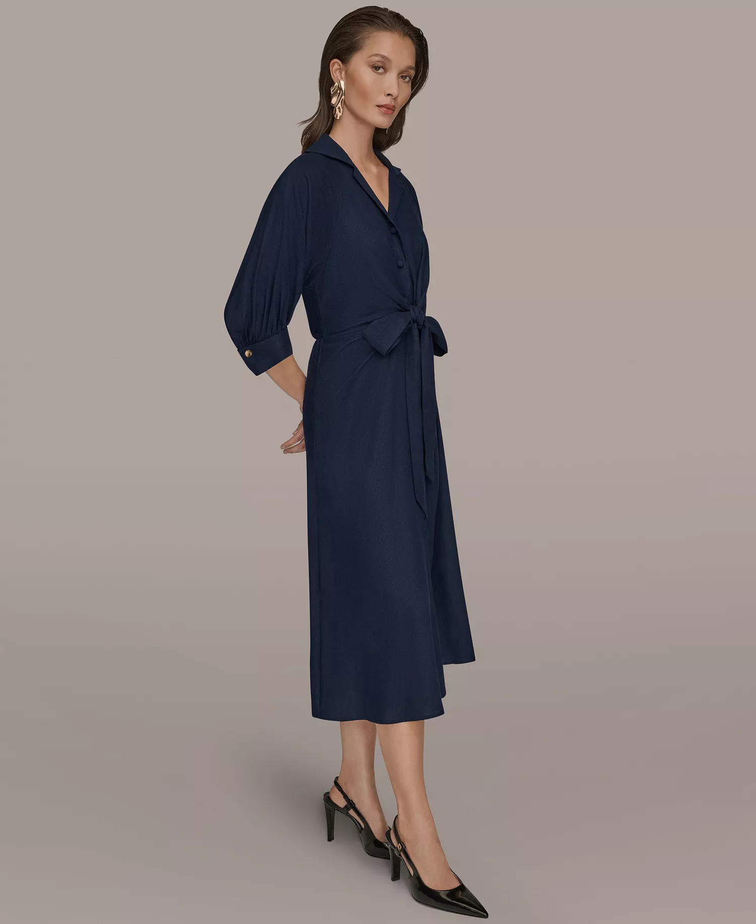 Women's Collared 3/4-Sleeve Midi Dress - Nightfall - 10