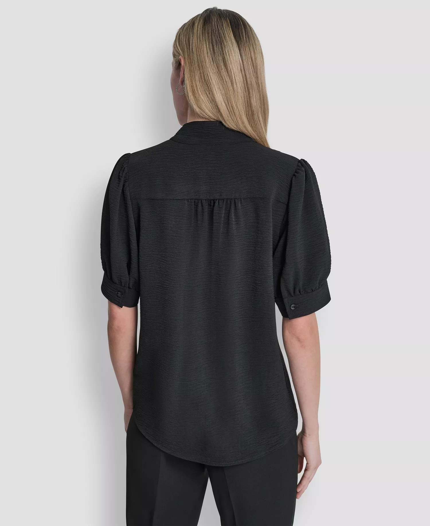 Women's Mandarin Collar Textured Woven Blouse - Black - L