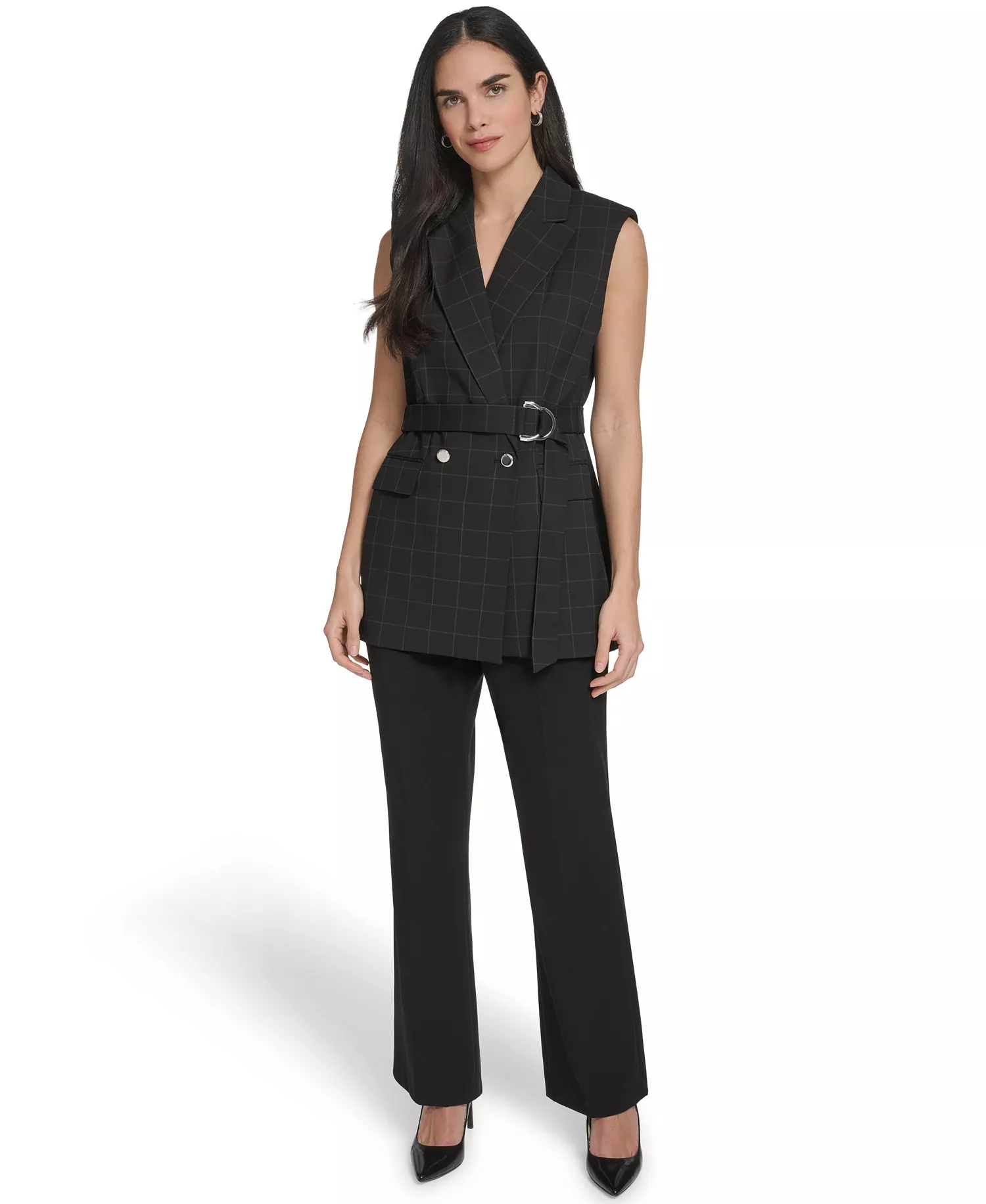Women's Windowpane Tie-Waist Vest - Black/white - 0