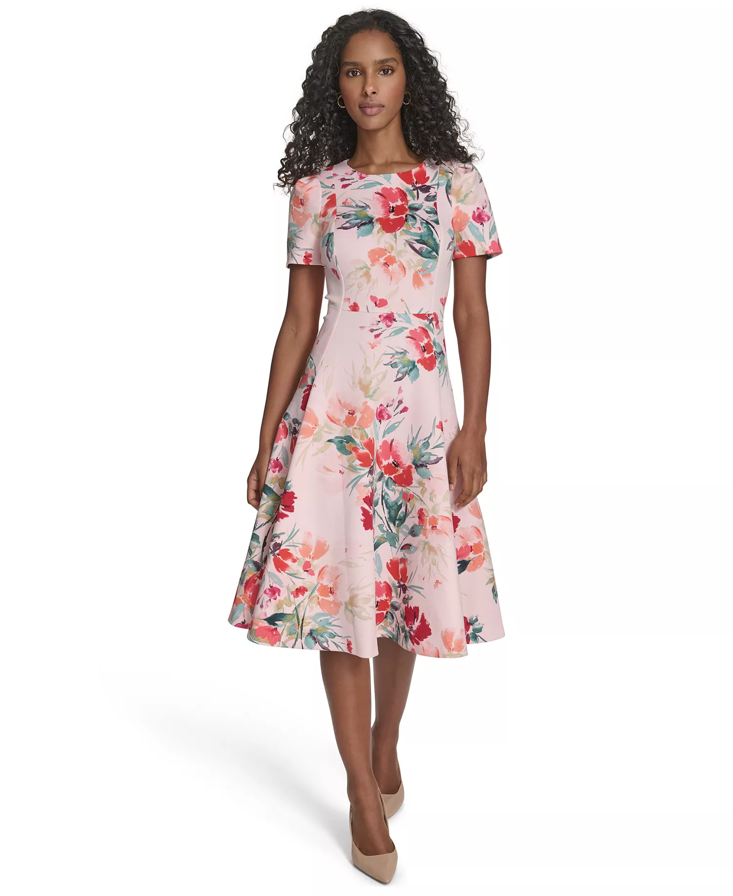 Women's Short-Sleeve Printed Midi Dress - Watermelon multi - 10
