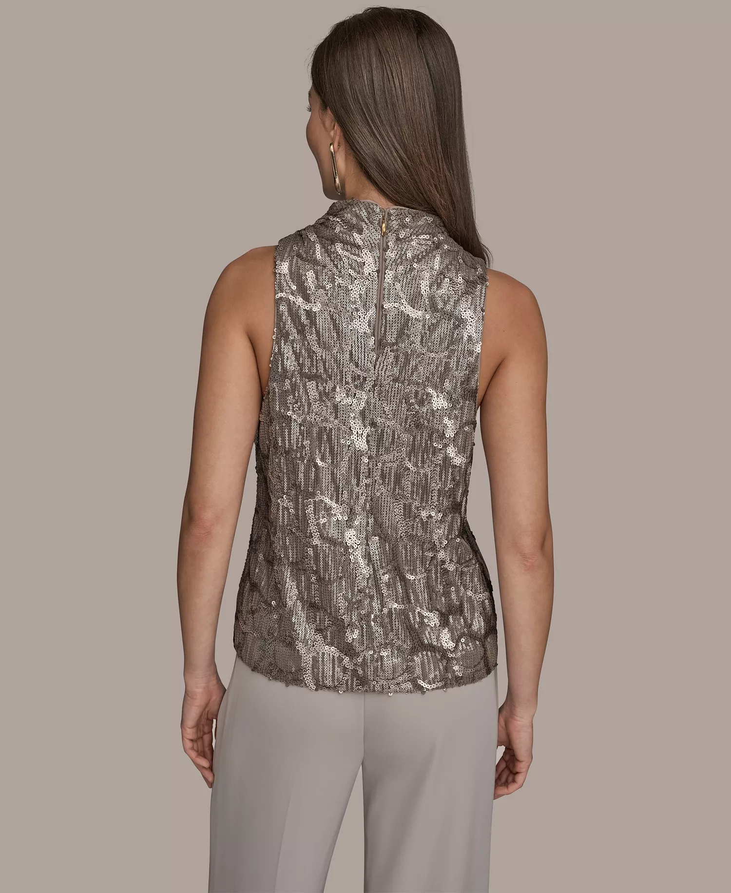 Women's Sequined Cowl Neck Top - Antique Silver - L