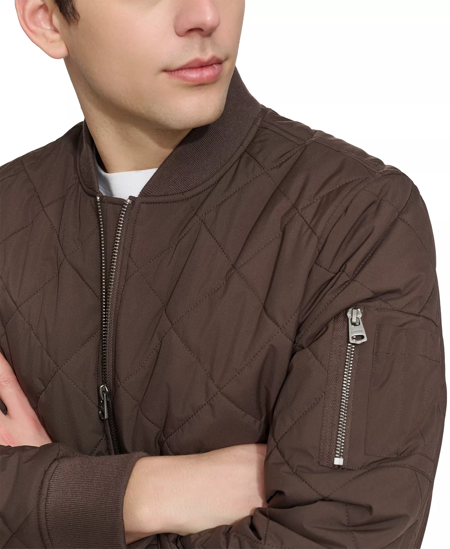 Men's Quilted Fashion Bomber Jacket - Chocolate Brown - 2XL