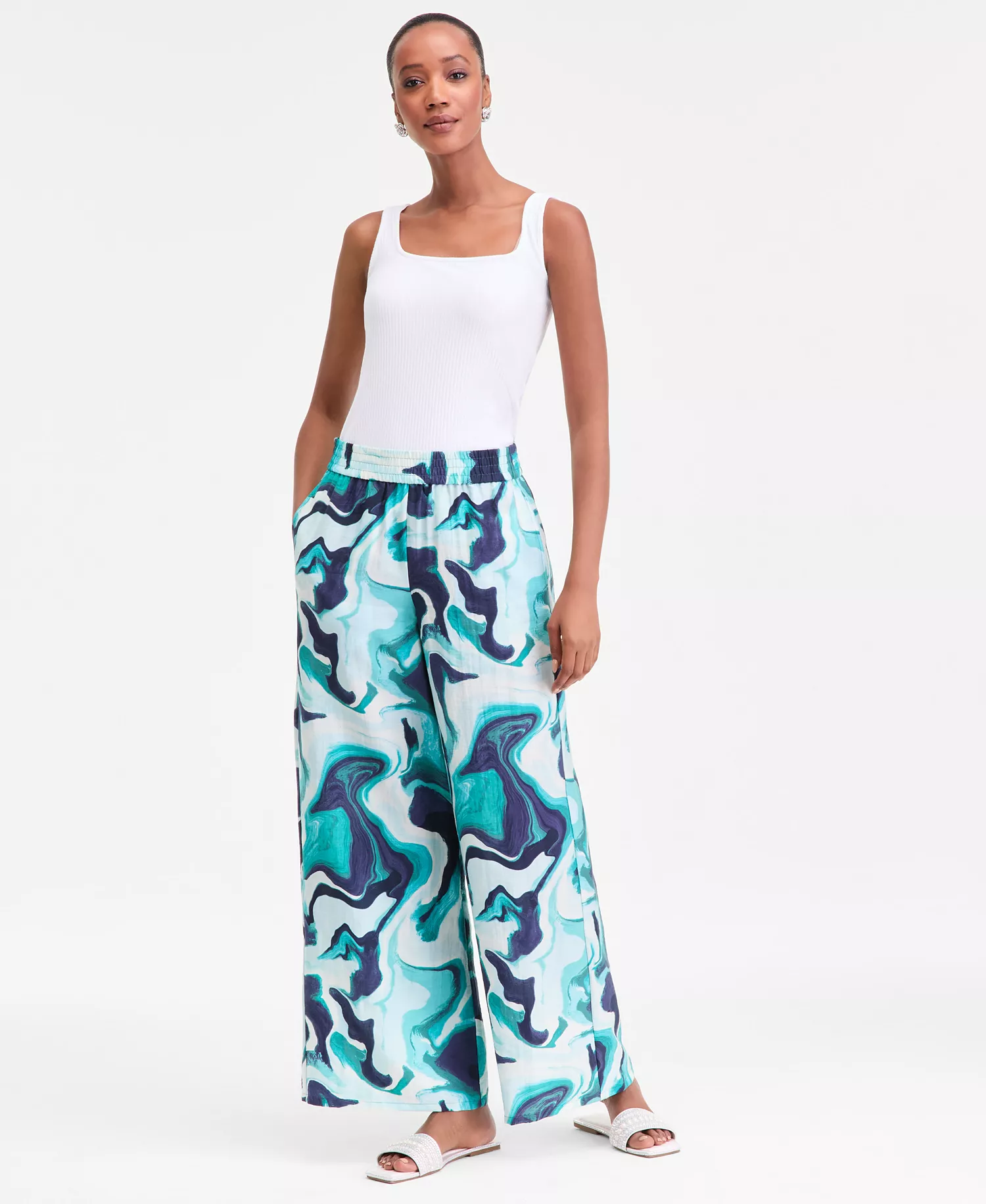 Women's Printed Pull-On Wide-Leg Pants, Macy's Exclusive - Hattie Dye Teal - L - Regular