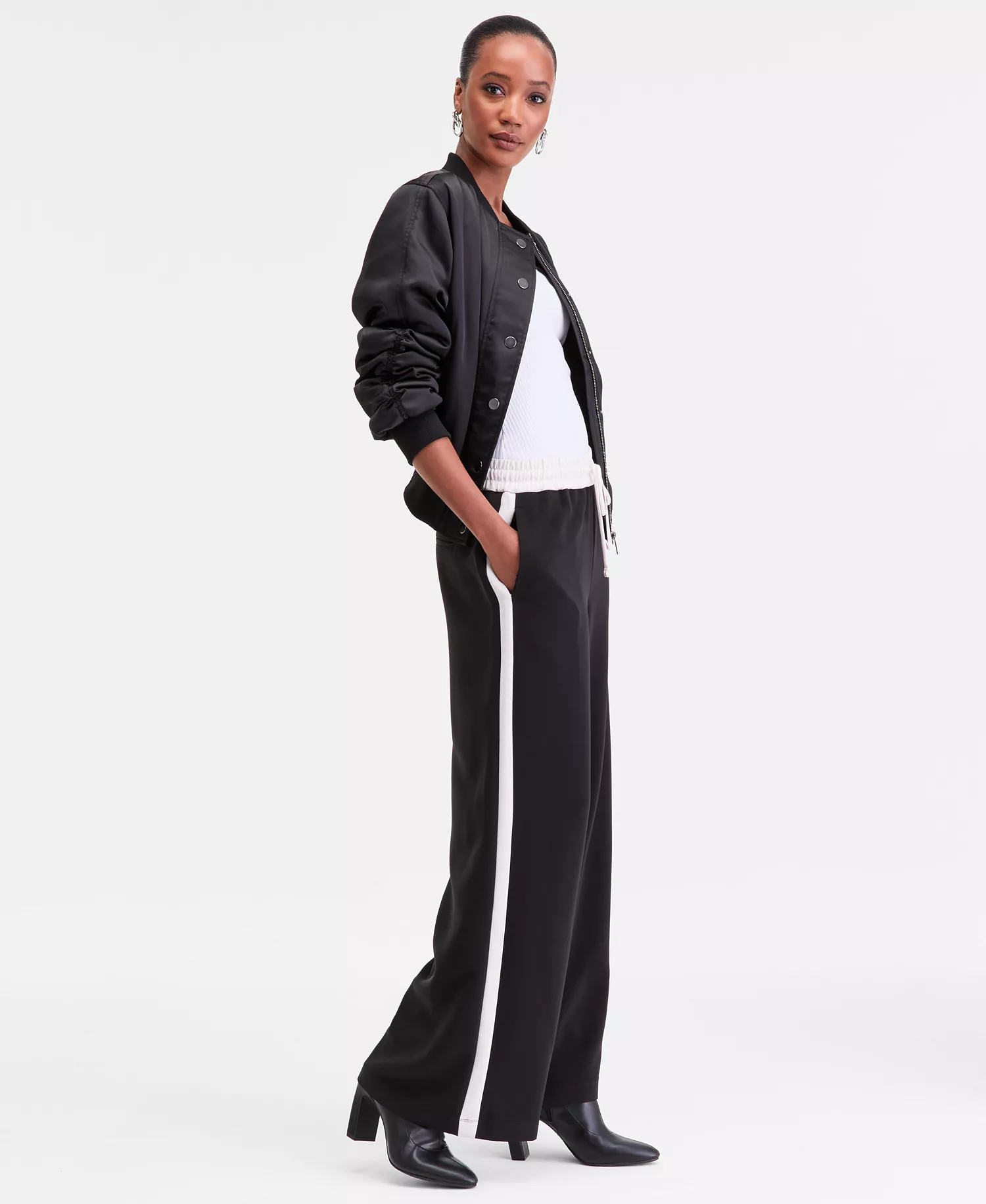 Women's Wide-Leg Side-Stripe Drawstring  Pants, Macy's Exclusive - Deep Black - L