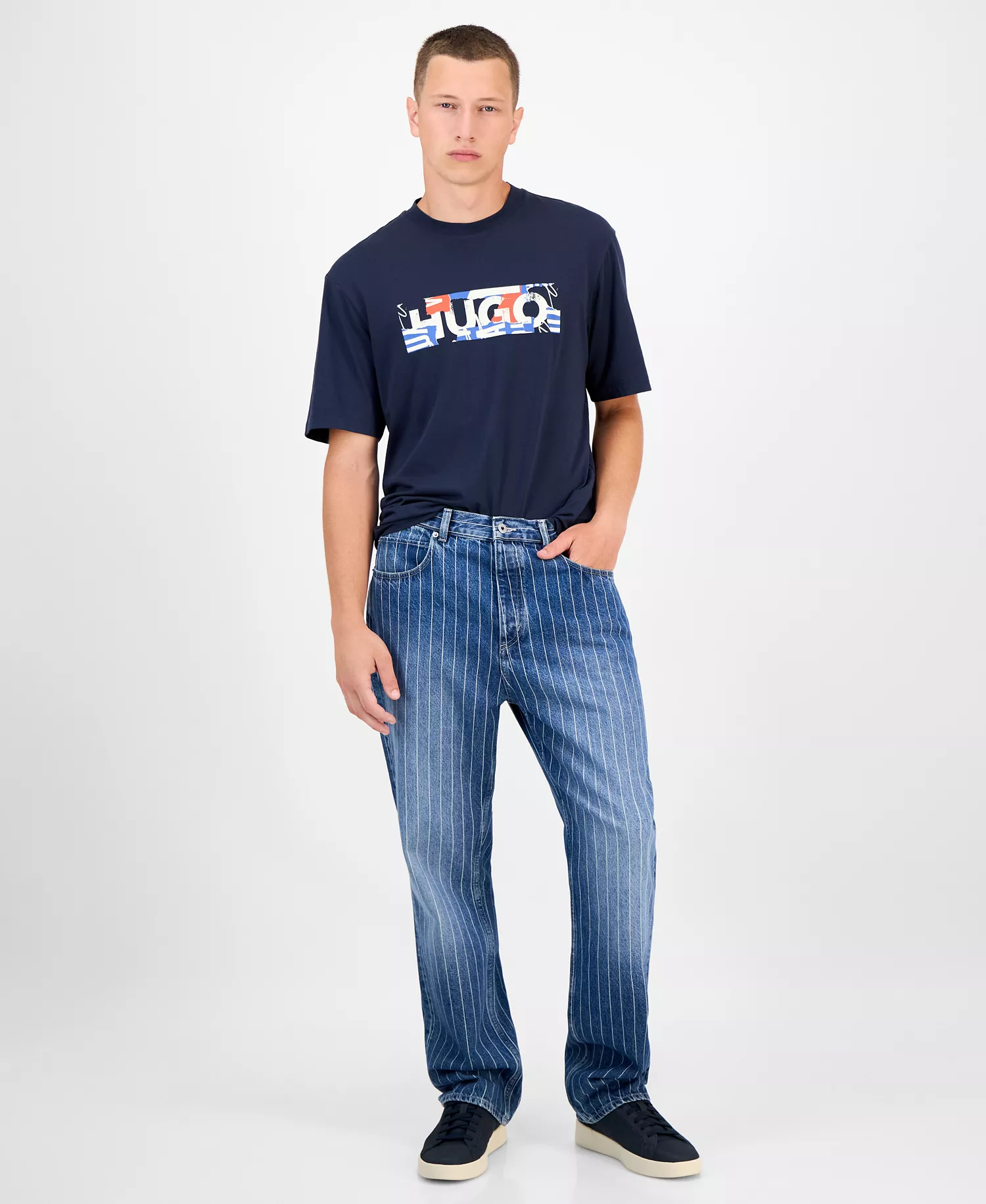 Men's Nate Faded Stripe Cotton Jeans - Medium Blue - 30x32