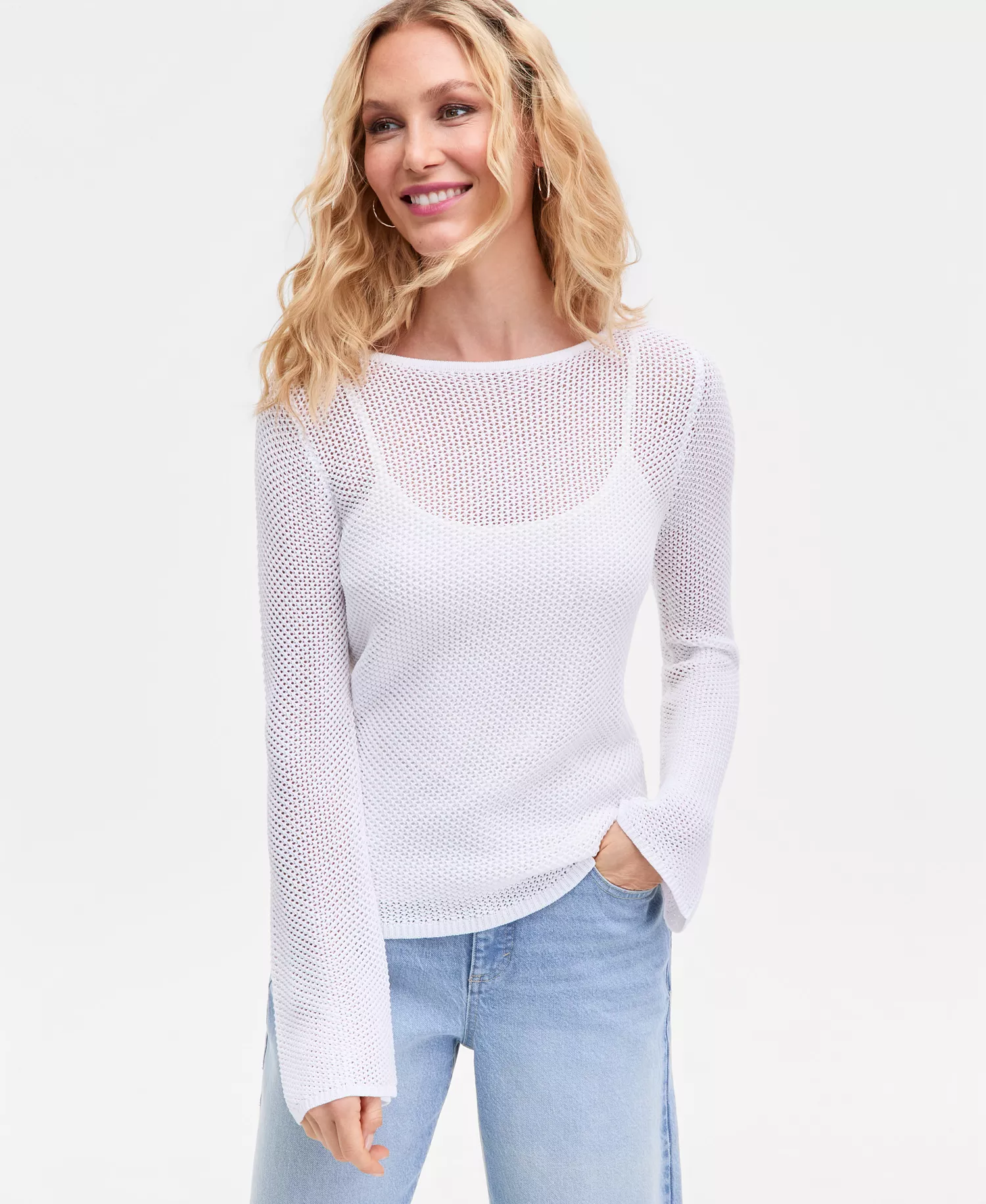Women's Long Sleeve Open-Knit Sweater, Macy's Exclusive - Bright White - L