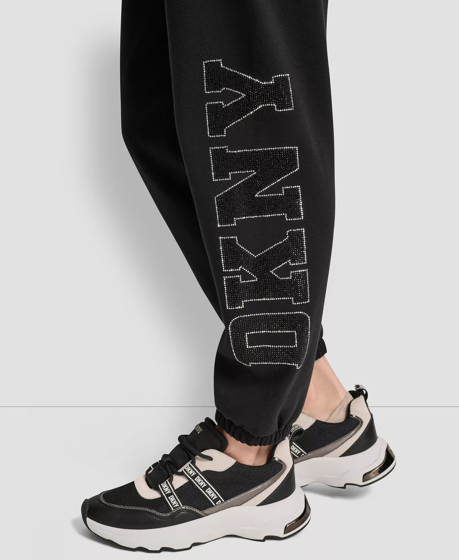 Women's Exploded Rhinestone Varsity Logo High Rise Relaxed Jogger - Black - L