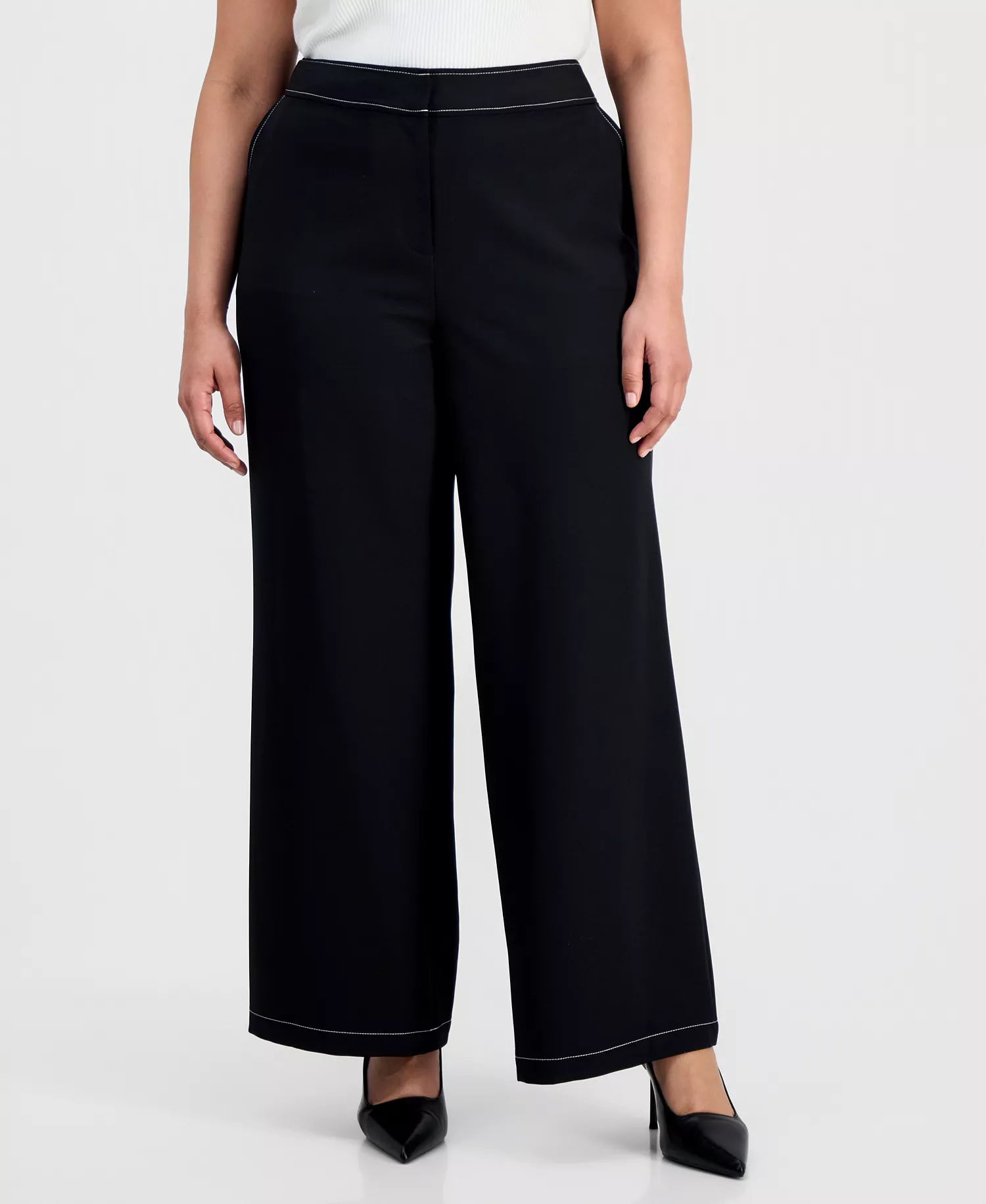 Plus Size Mid-Rise Wide-Leg Pants - Black White - 14W