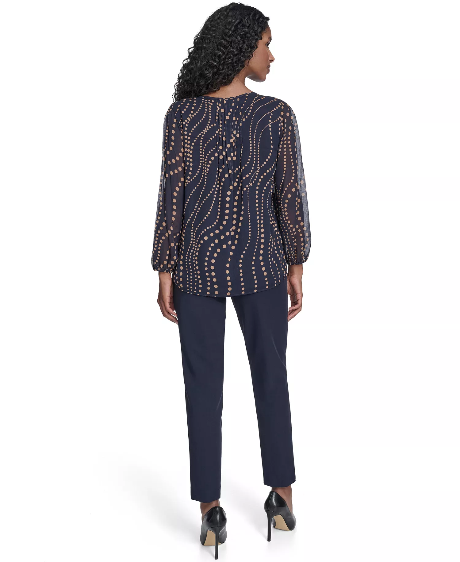 Women's Cascade Dot Pintuck Long Sleeve Blouse - Midnight/ Brown Sugar - L