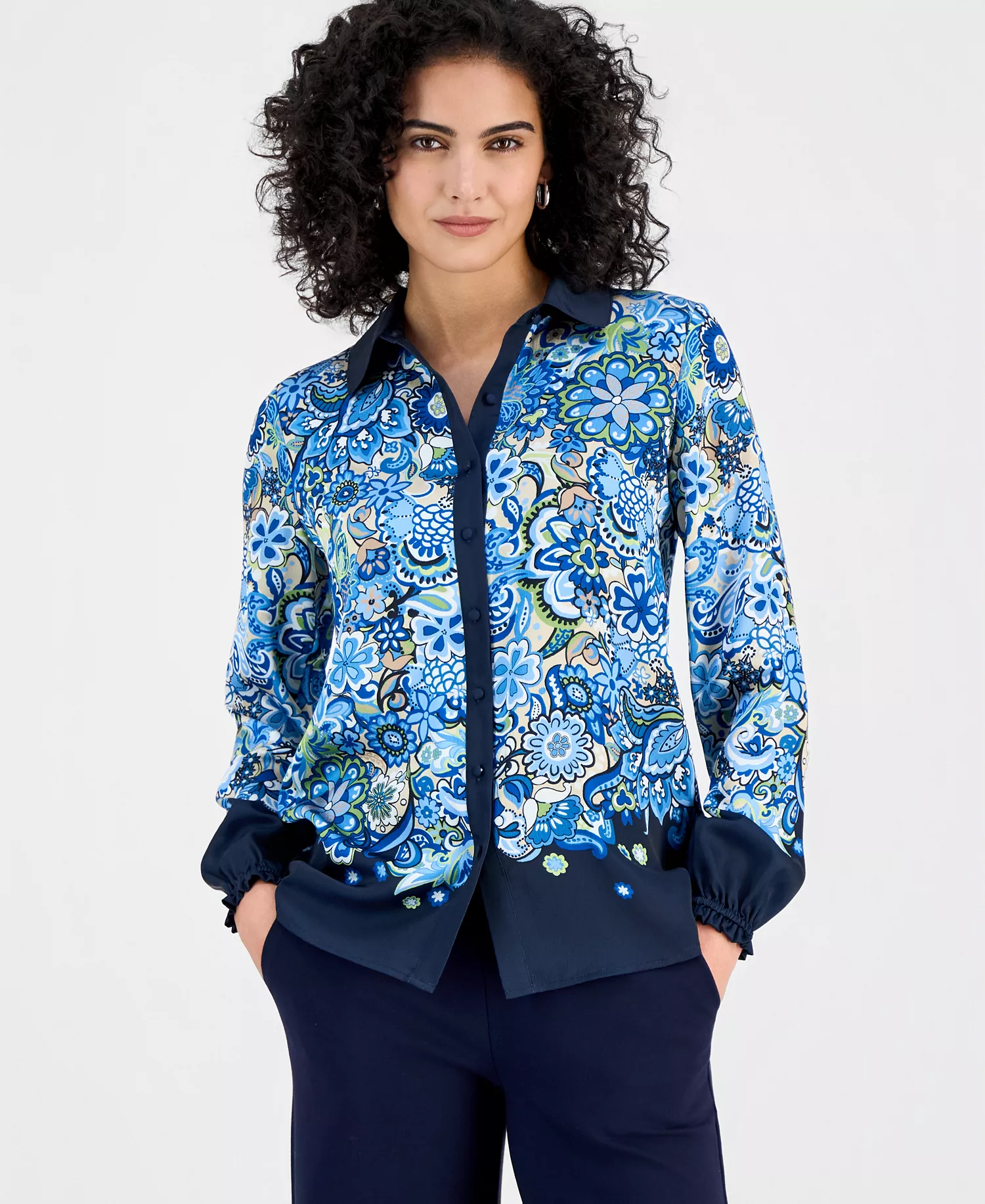 Women's Paisley Button-Front Blouse - Garden Bloom Print - L