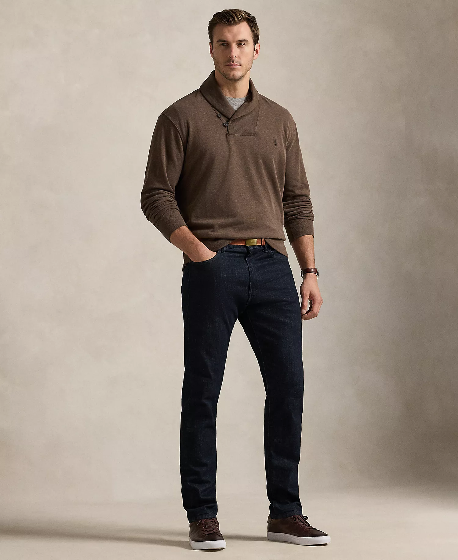 Men's Big & Tall Luxury Jersey Shawl-Collar Pullover Sweater - Nutmeg Brown Heather - 2LT