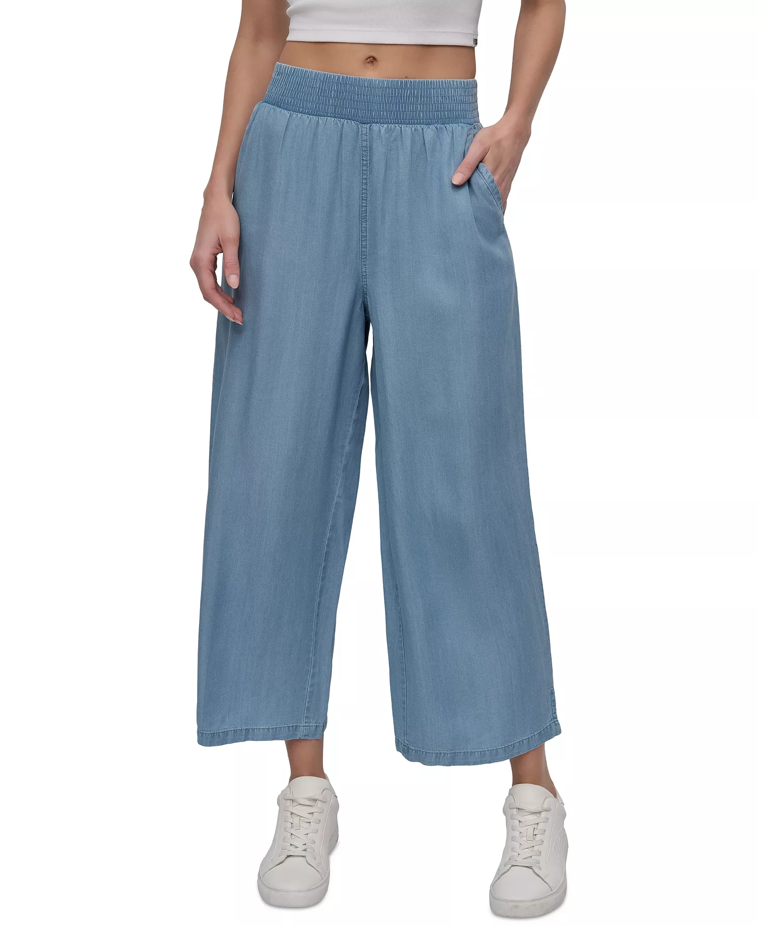 Petite Chambray Smocked-Waist Wide-Leg Ankle Pants - Chambray - P/L