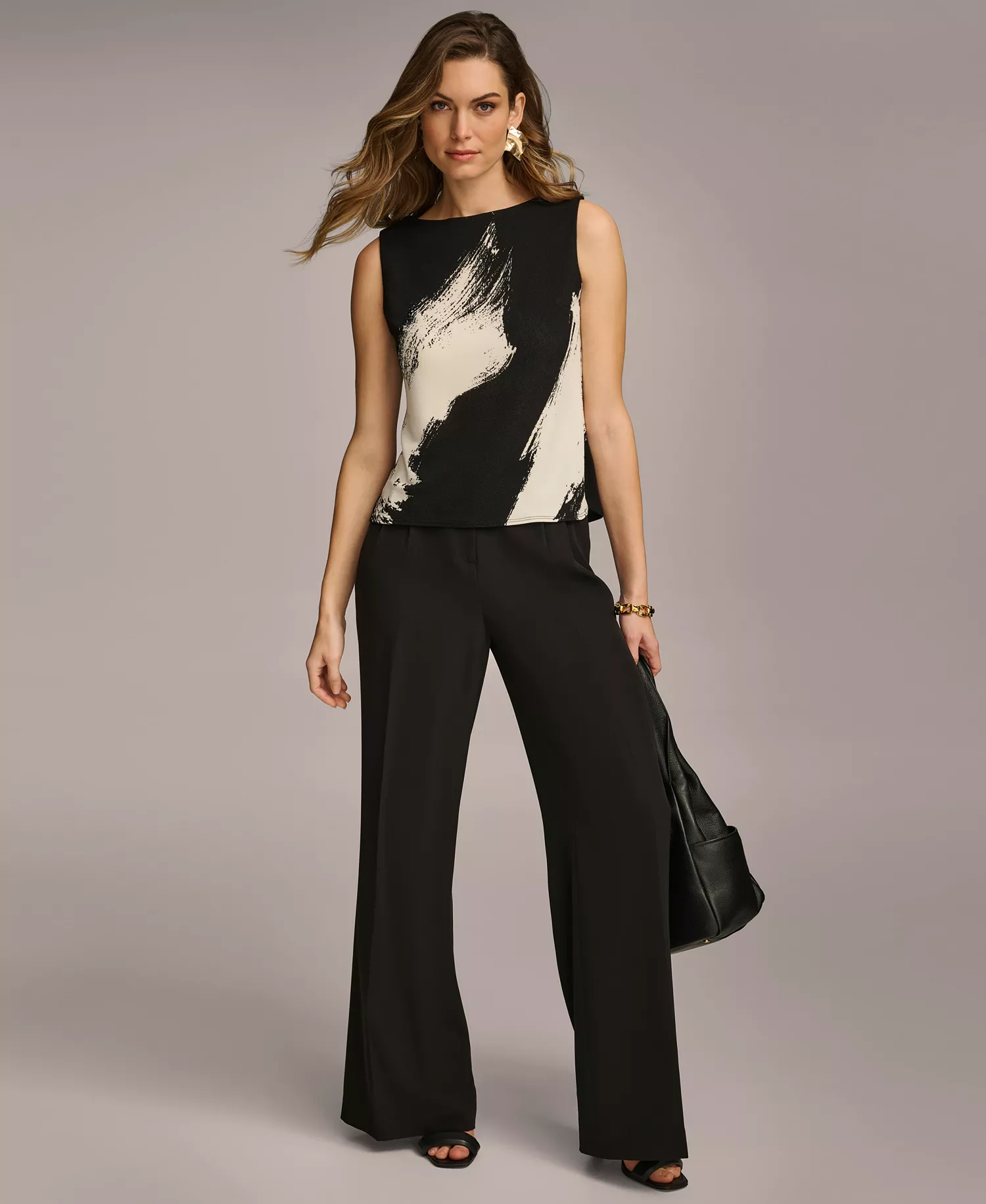 Women's Printed Crewneck Sleeveless Top, Regular & Petite Sizes - Black Multi - PL