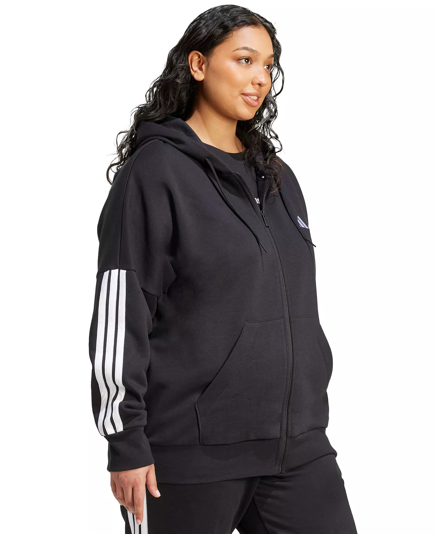 Plus Size Essentials 3-Stripes Full-Zip Fleece Hoodie - Black - 1X