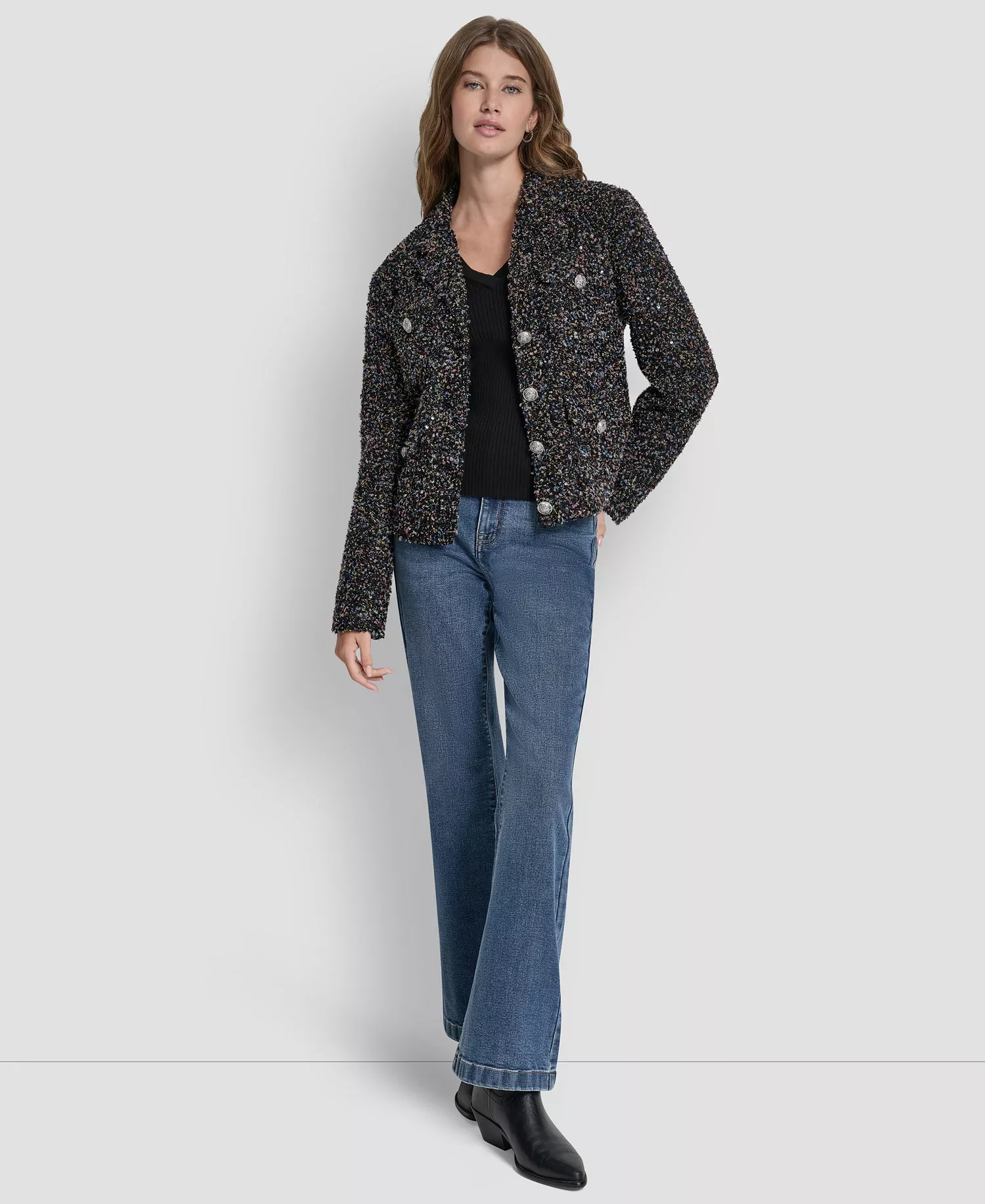 Women's Sequin Boucle Button -Front Jacket - Black/Shiny Silver - 0