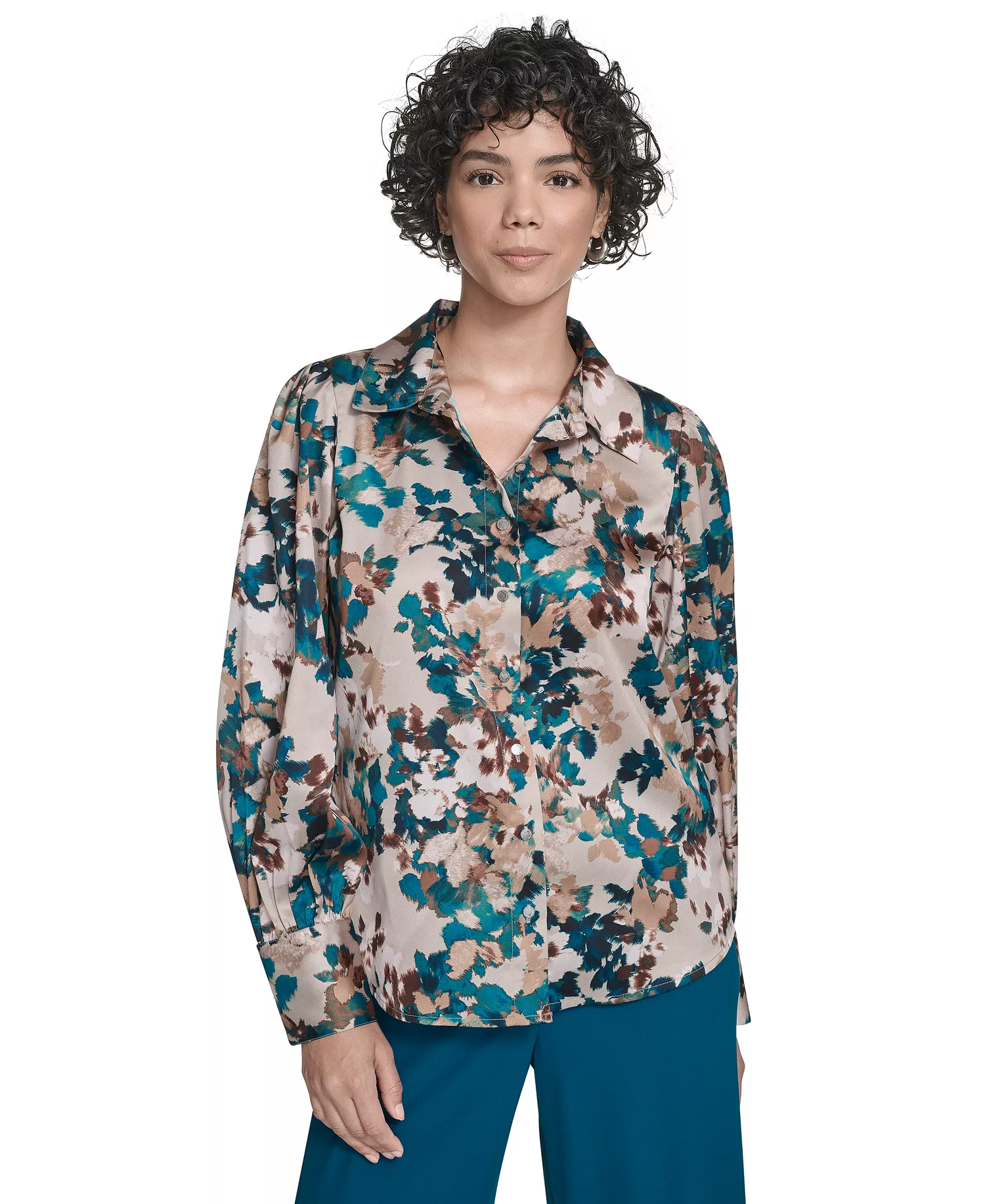 Petite Printed Long Sleeves Top - Latte Multi - P/S