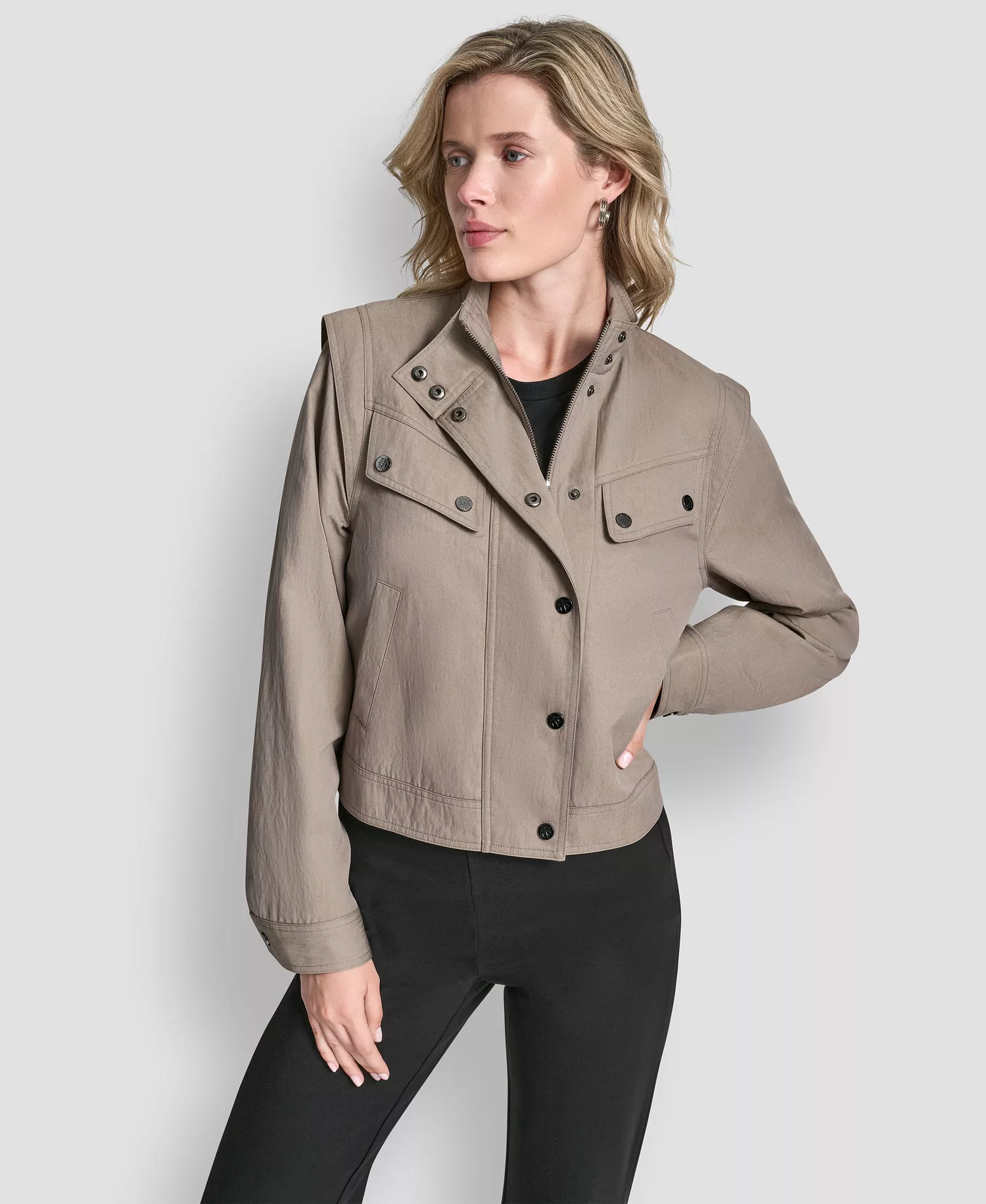 Women's Collared Cropped Moto Trench Coat - Tan - M/L