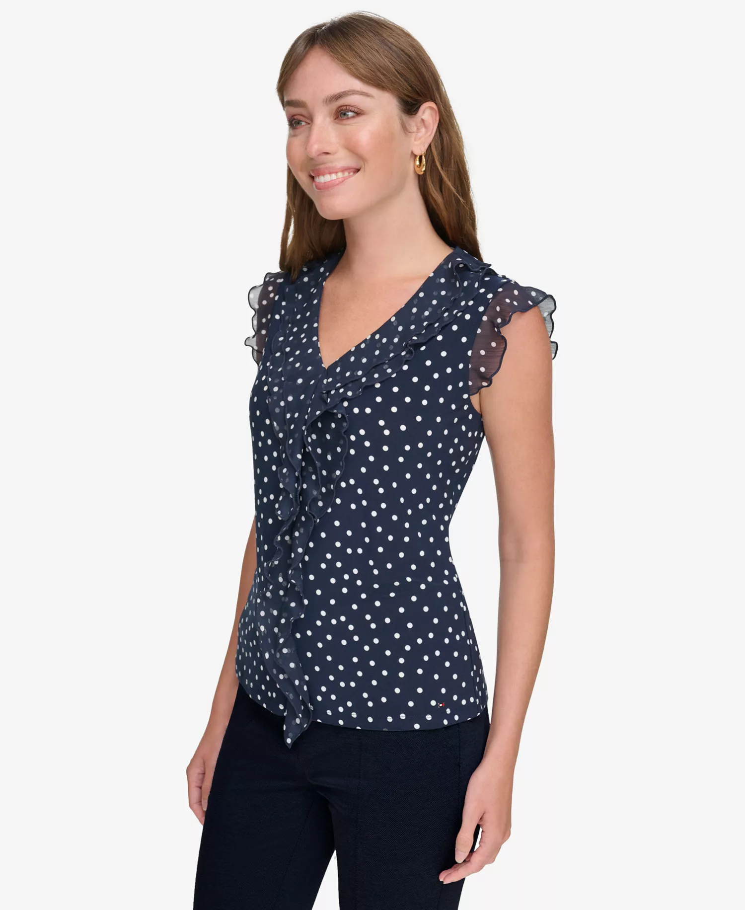 Women's Printed Ruffled Sleeveless Top - Midnight/Ivory - L