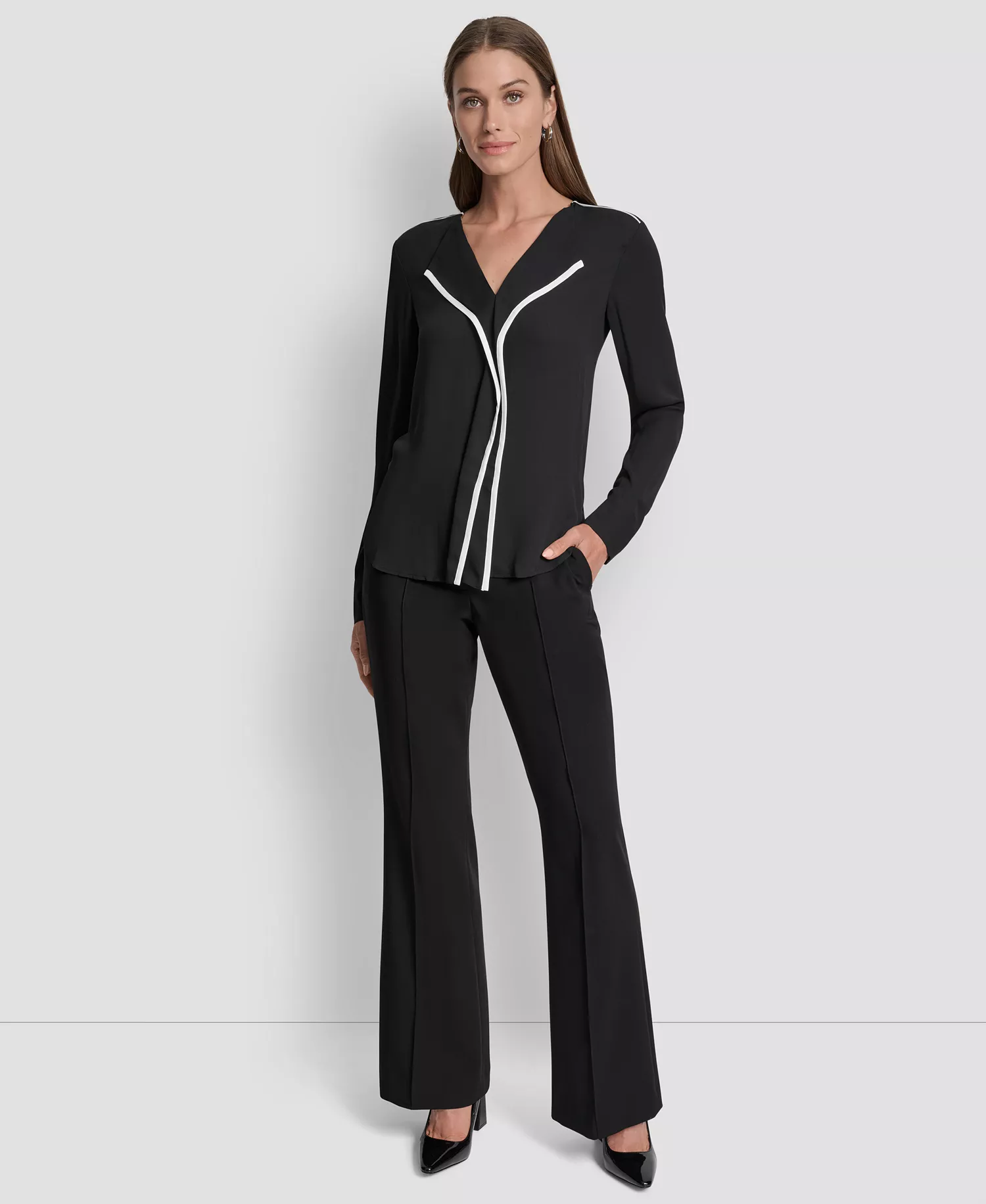 Women's Long Sleeve Trimmed Lapel Blouse, Regular & Petite - Black/ Linen White - L