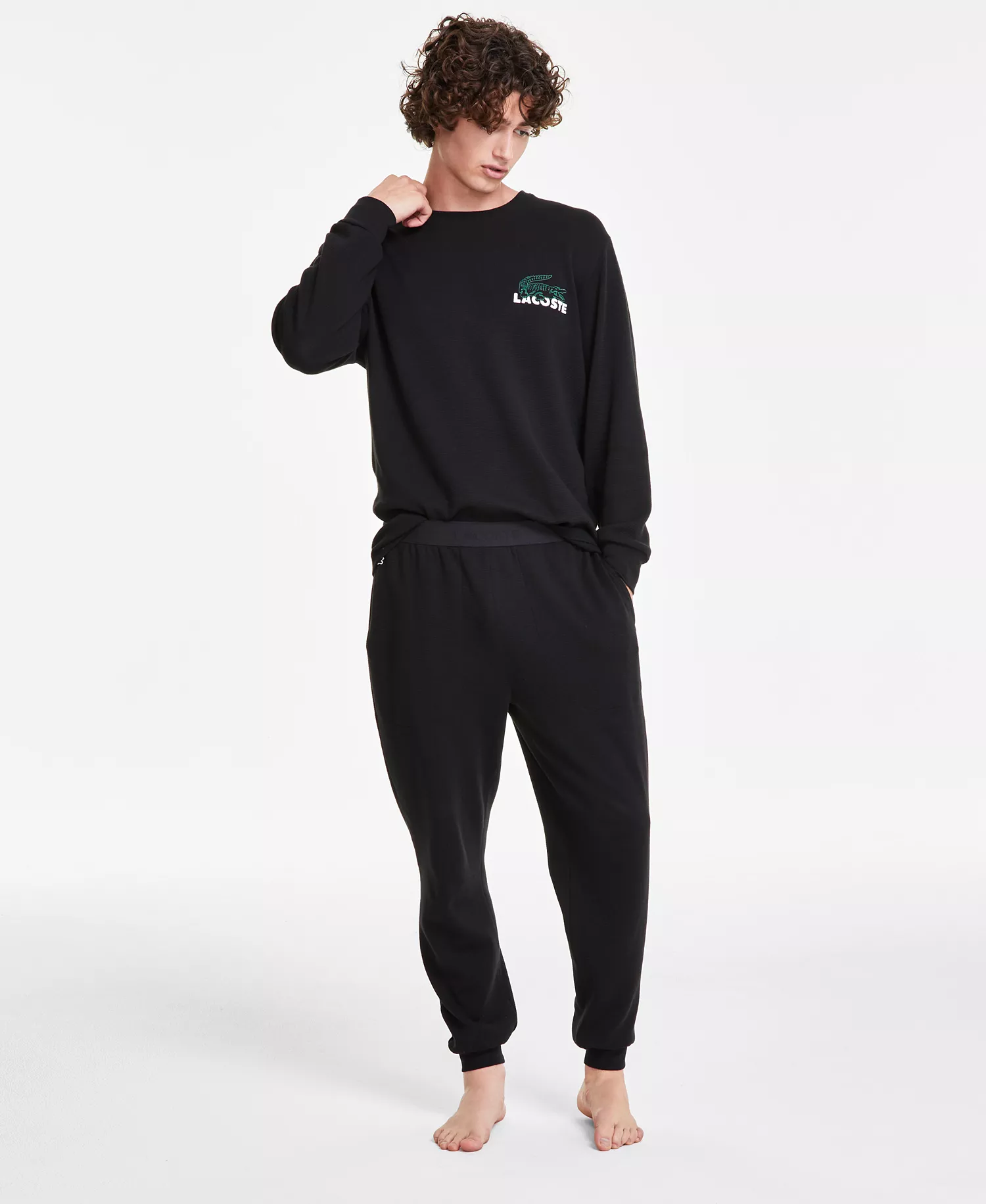 Men's Thermal Sleep Waffle Hoodie, Straight-Fit Knit Joggers & Large Croc Thermal Sleep Shirt - Black - 2XL