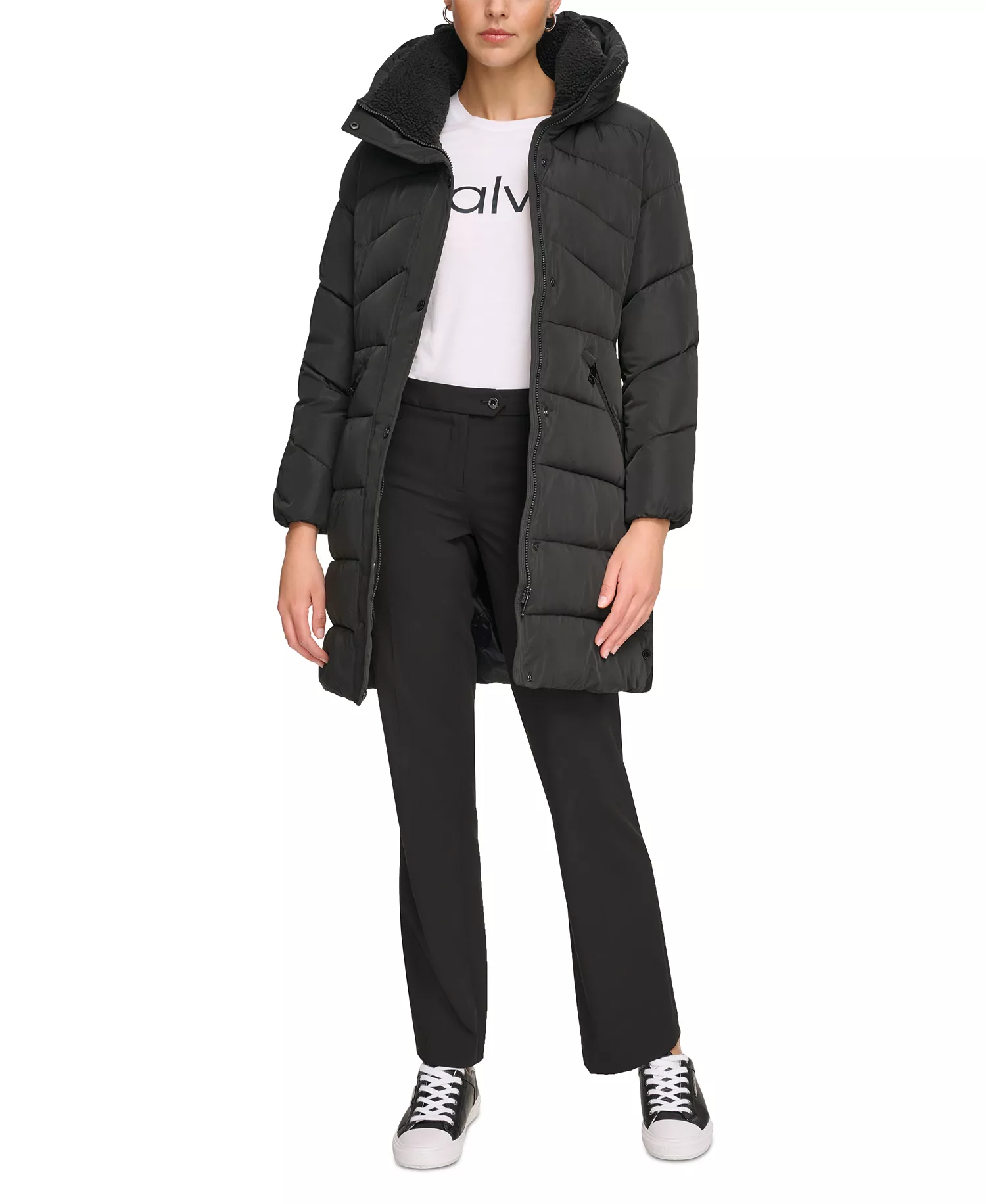 Women's Faux-Sherpa Collar Hooded Stretch Puffer Coat, Created for Macy's - Black - L