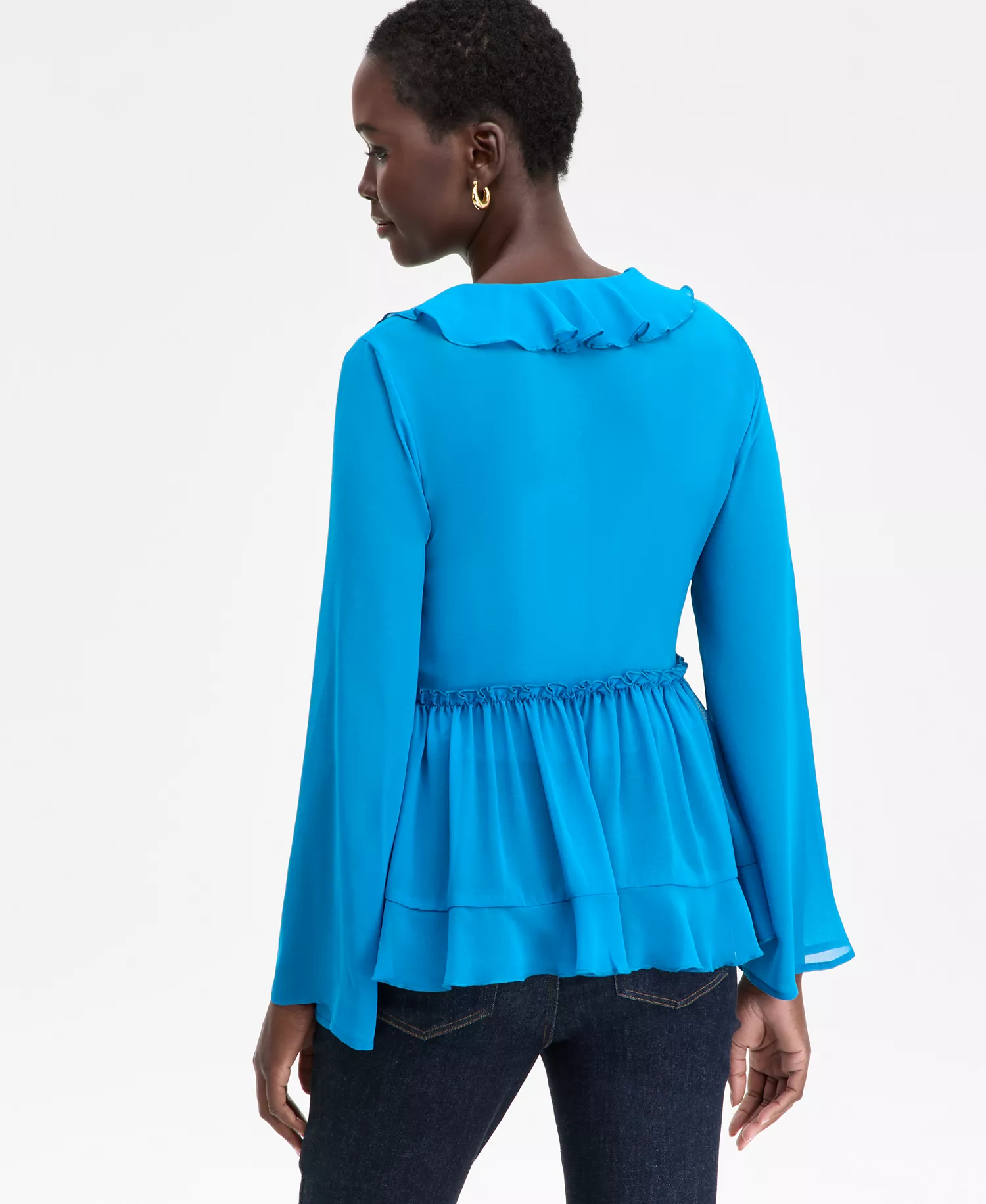 Women's Printed Ruffle-Collar Top, Macy's Exclusive - Bijoux Blu - L