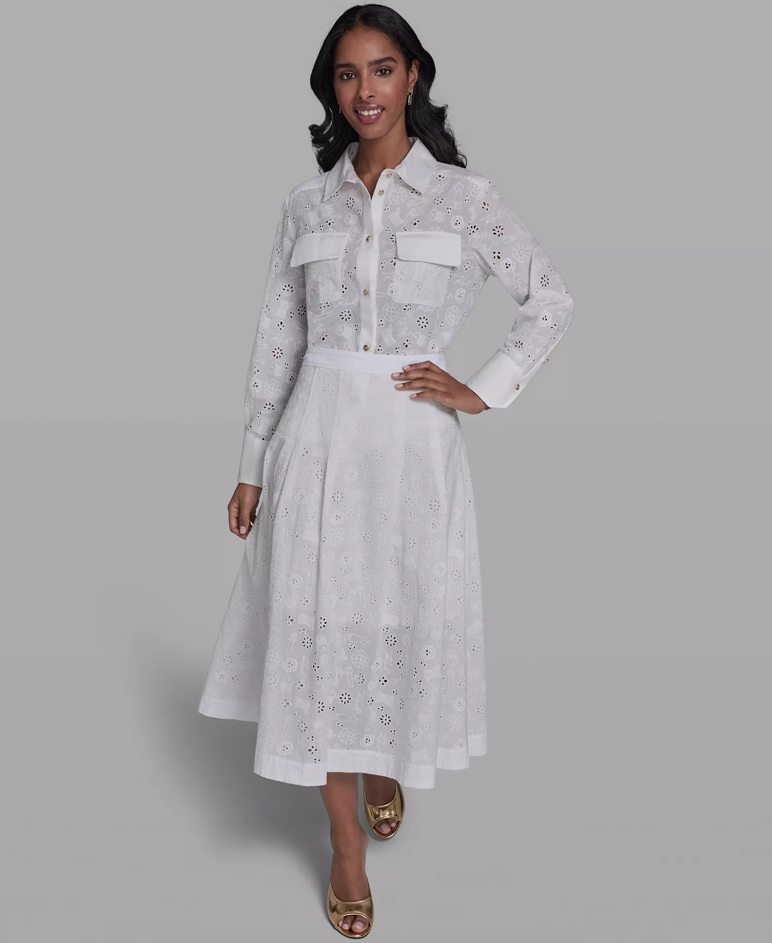 Women's Collared Eyelet Long-Sleeve Blouse - Soft White - L