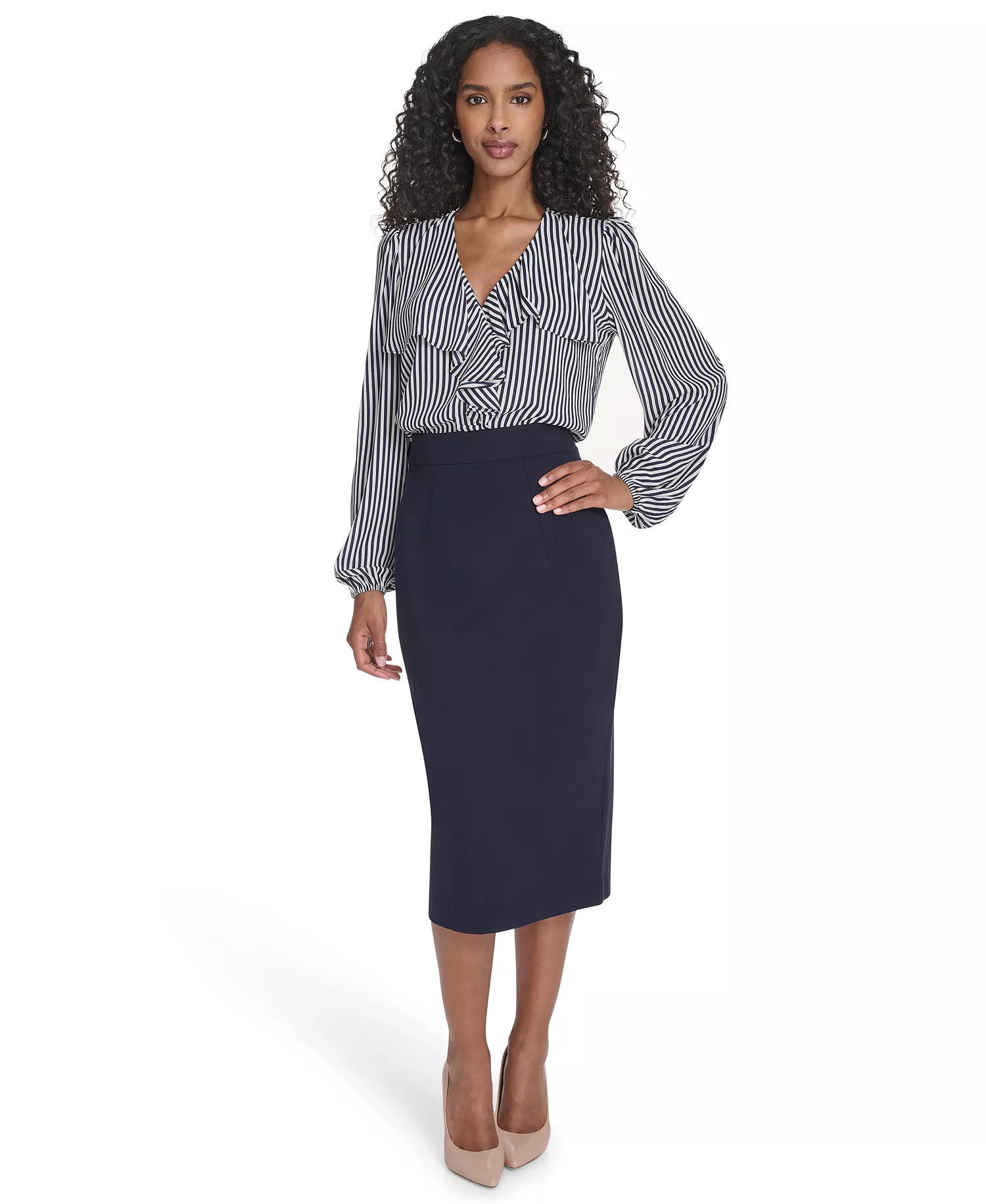 Women's Striped V-Neck Ruffle Top - Ivory/ Midnight - XS