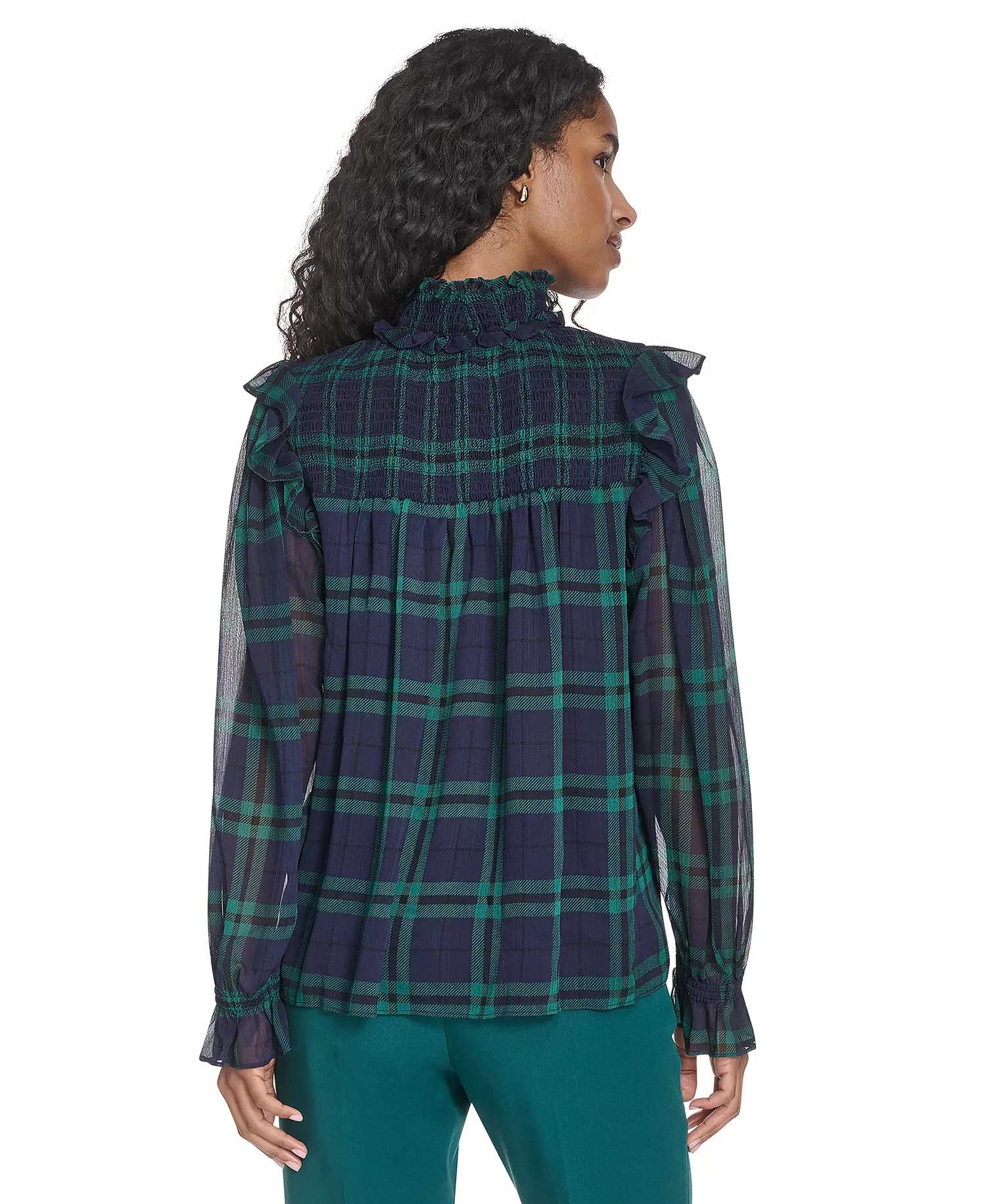 Women's Plaid Peasant Mock Neck Top - Midnight/ Evergreen - L
