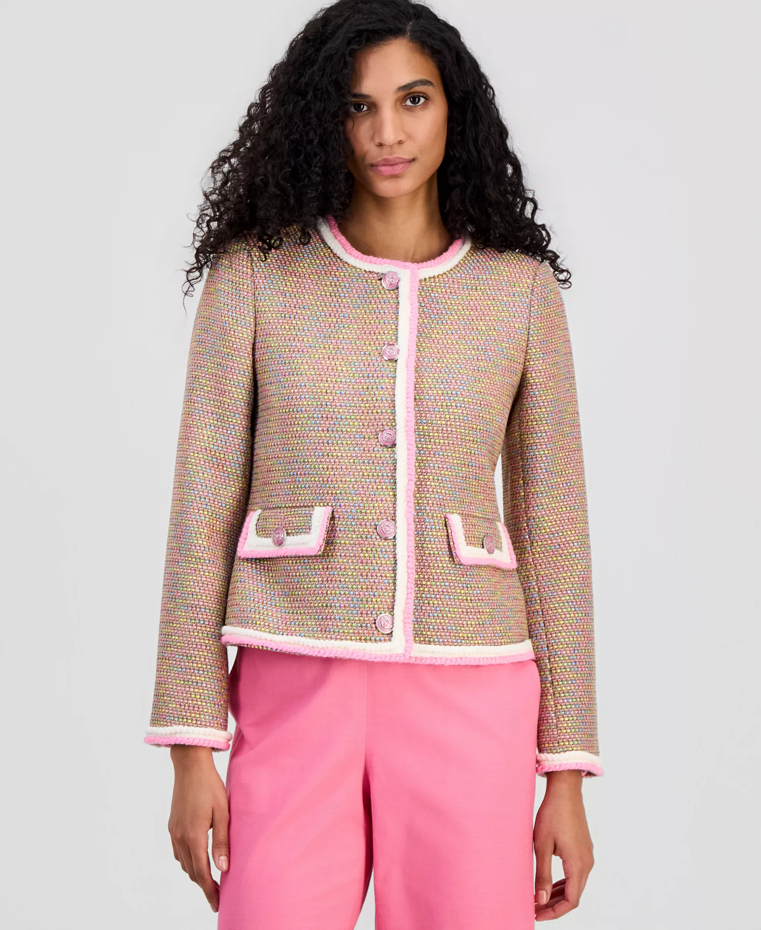 Women's Braided-Trim Crewneck Jacket - Pink Multi Tweed - L
