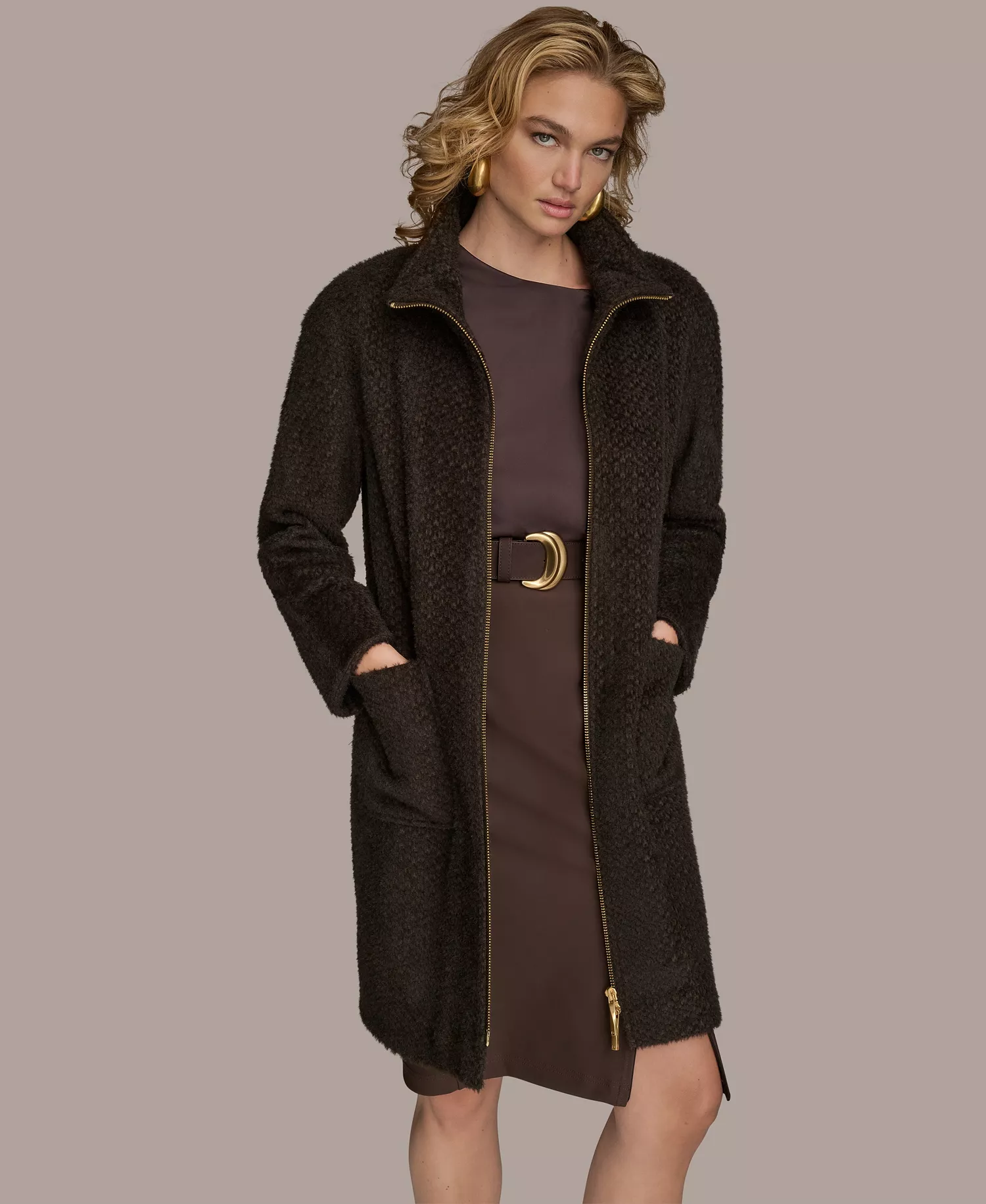 Women's Zip Front High Collared Coat - Chocolate - L