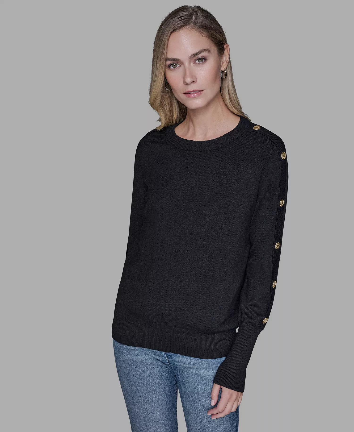 Women’s Black Button-Detail Crewneck Sweater - Black - S