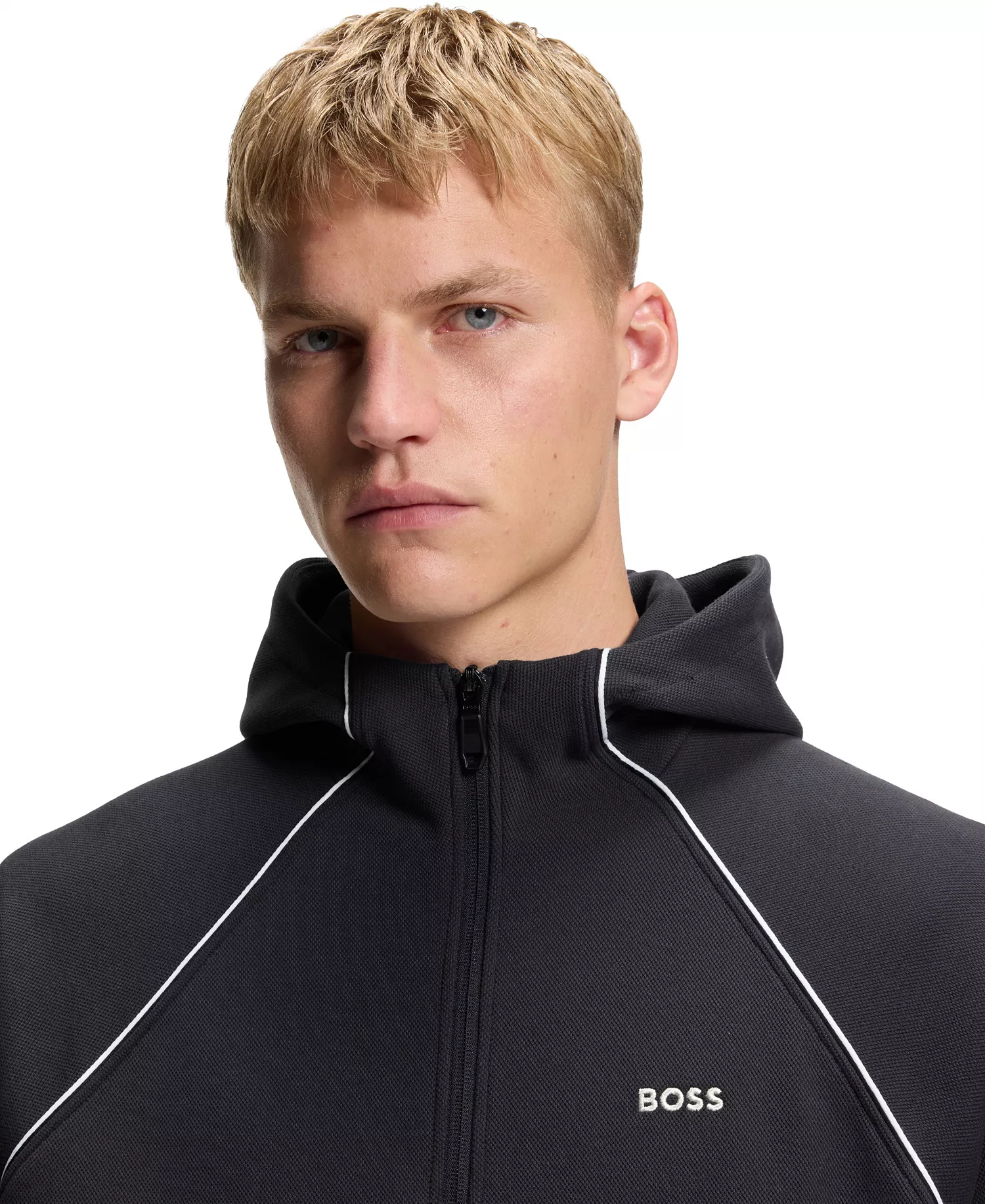 Men's Cotton-Blend Piping Detail Zip-Up Hoodie - Dark Blue - 2XL