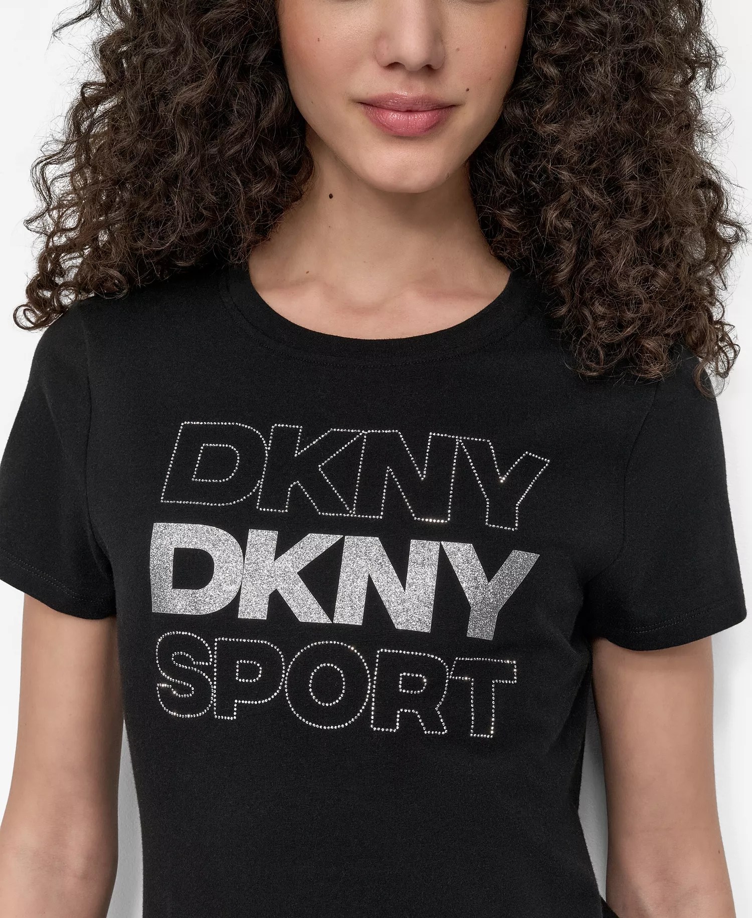 DKNY Women's Sport Glitter Logo Crew Neck T-shirt - Black/silver - L