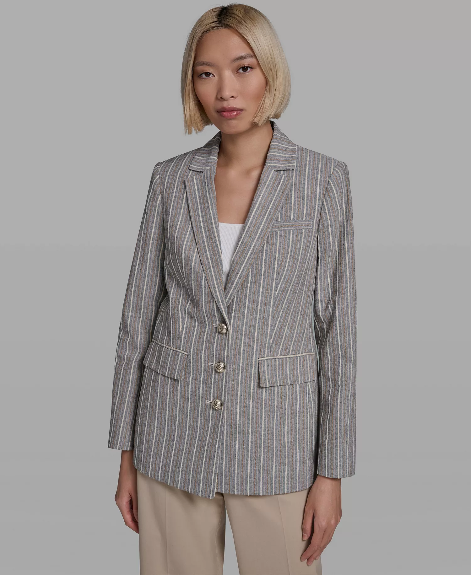 Women's Collared Multi Stripe Jacket - Bisque Multi - 0