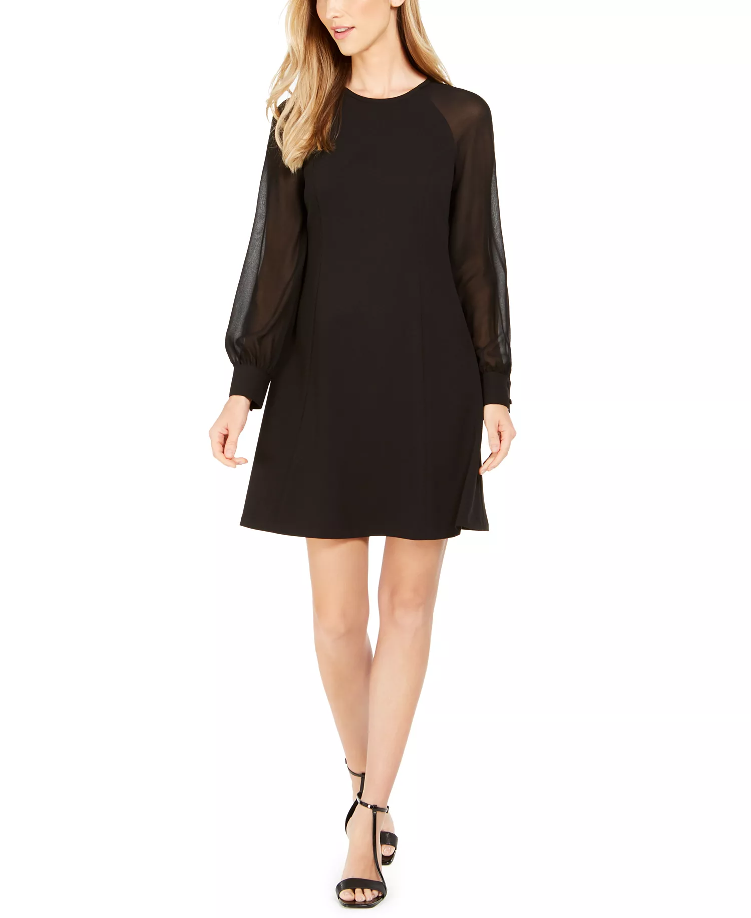 Illusion-Sleeve A-Line Dress - Black - 2