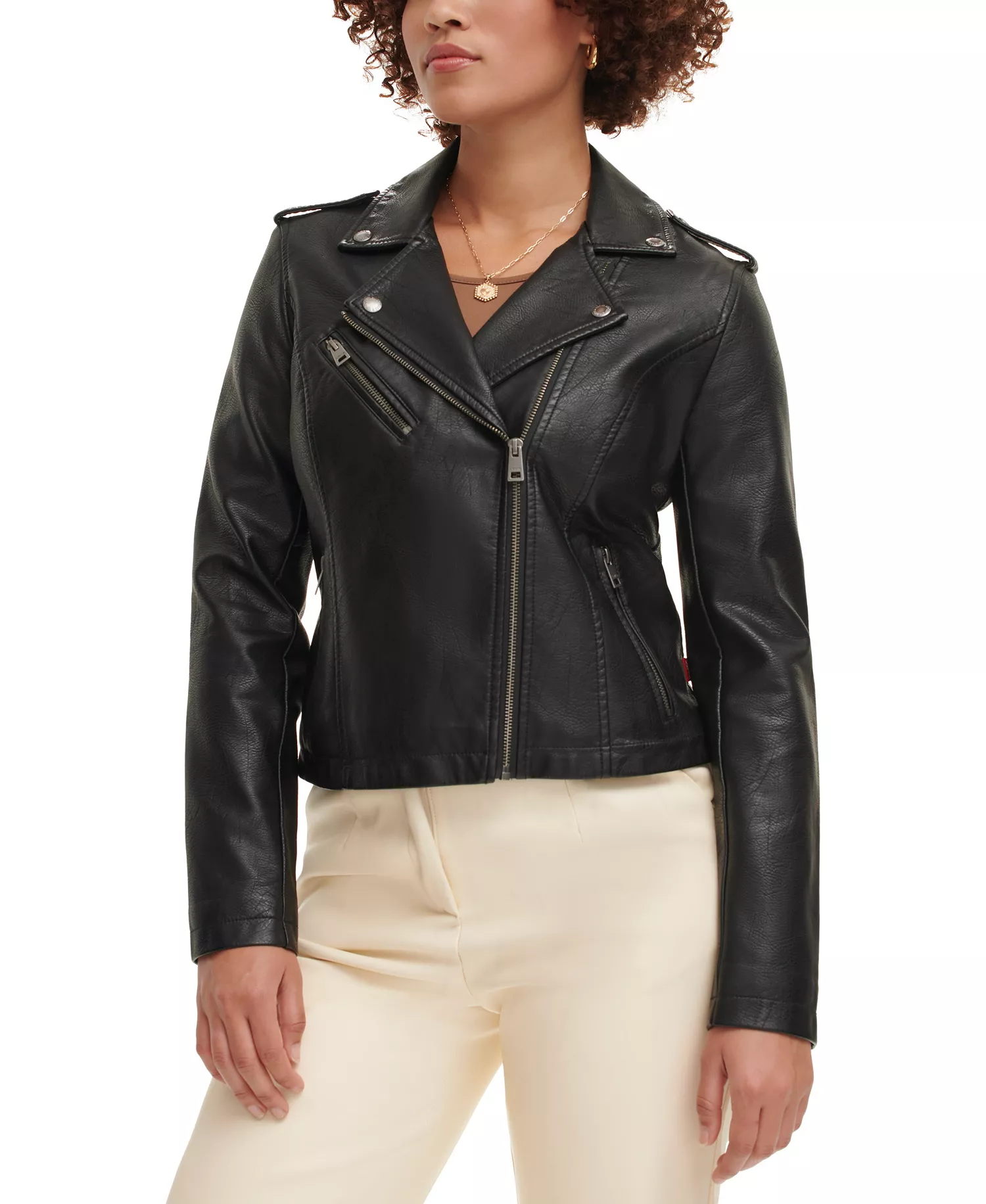Women's Classic Faux Leather Asymmetrical Moto Jacket - Black - L