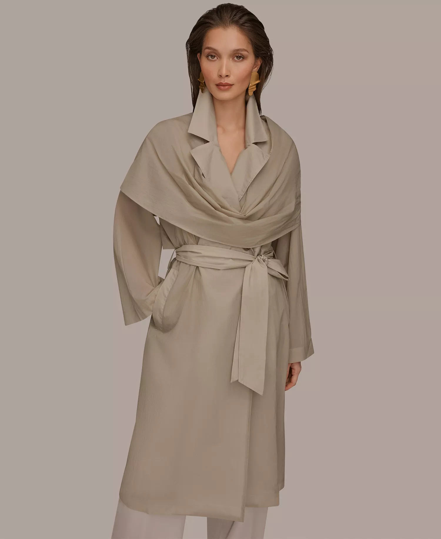 Women's Belted Collared Neck Coat - Tuscan Grey - L