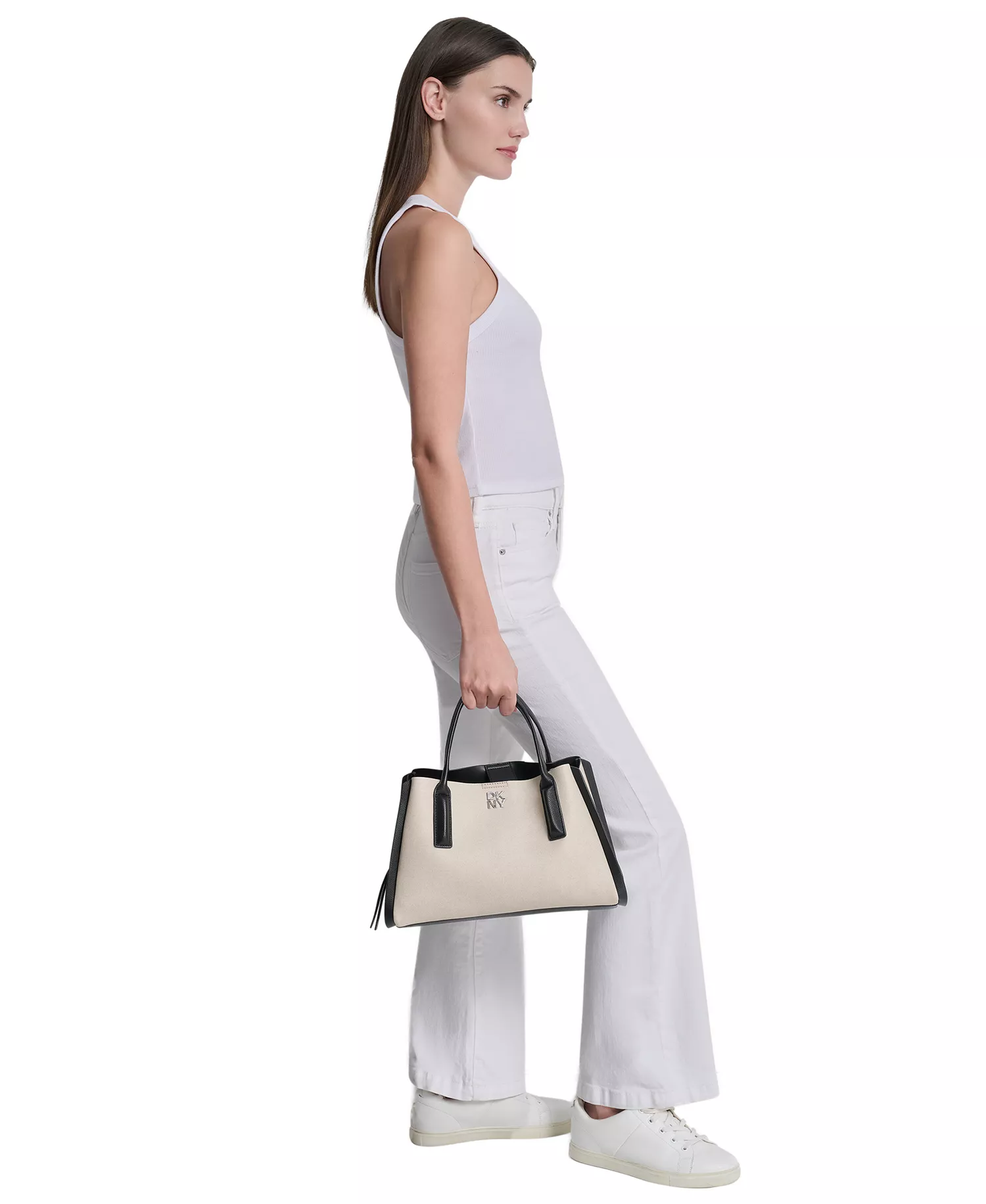 Josie Medium Snap Closure Satchel Bag - Natural/Black - No Size