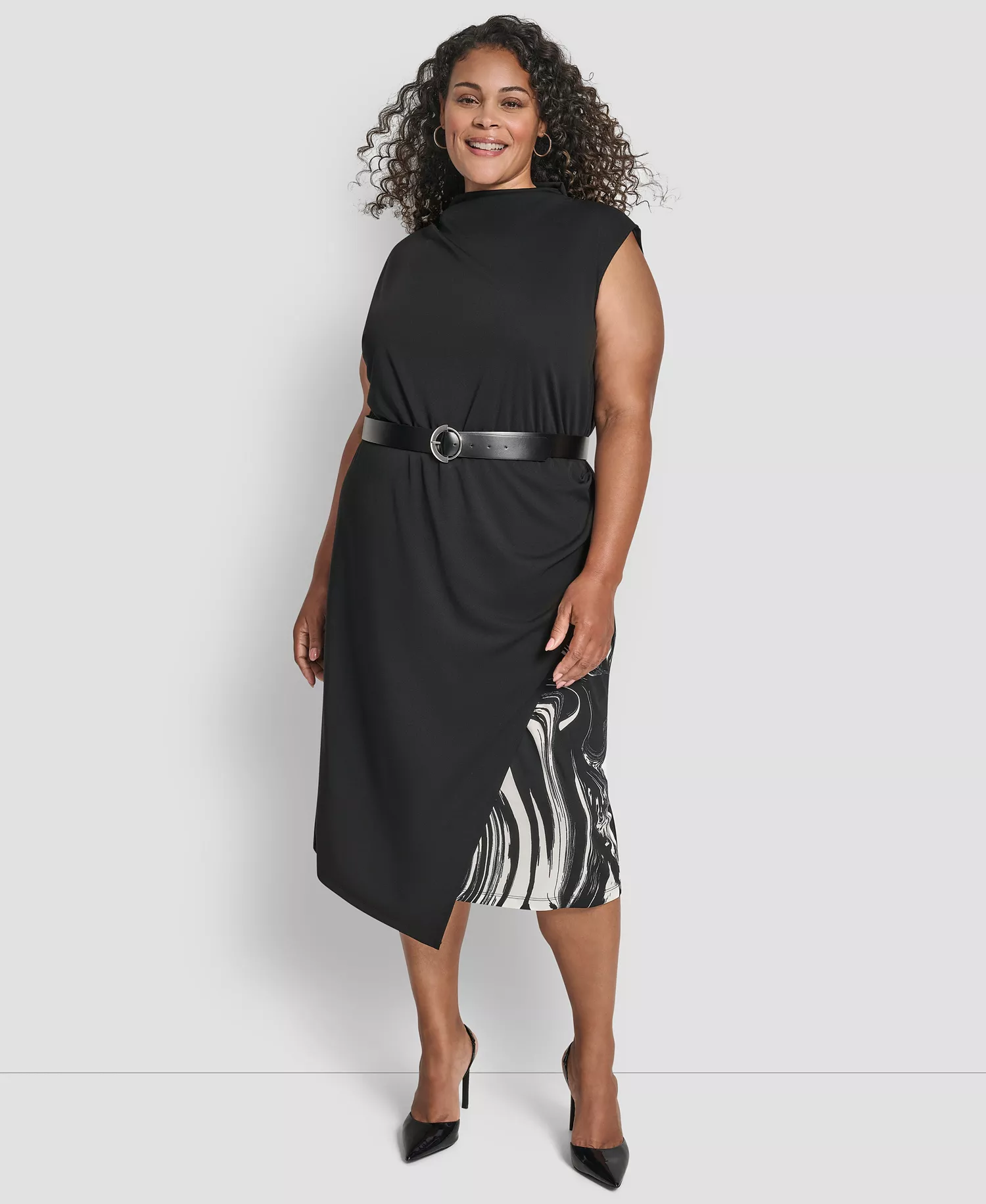 Plus Size Sleeveless Funnel Neck Belted Midi Dress - Black/Ivory - 14W
