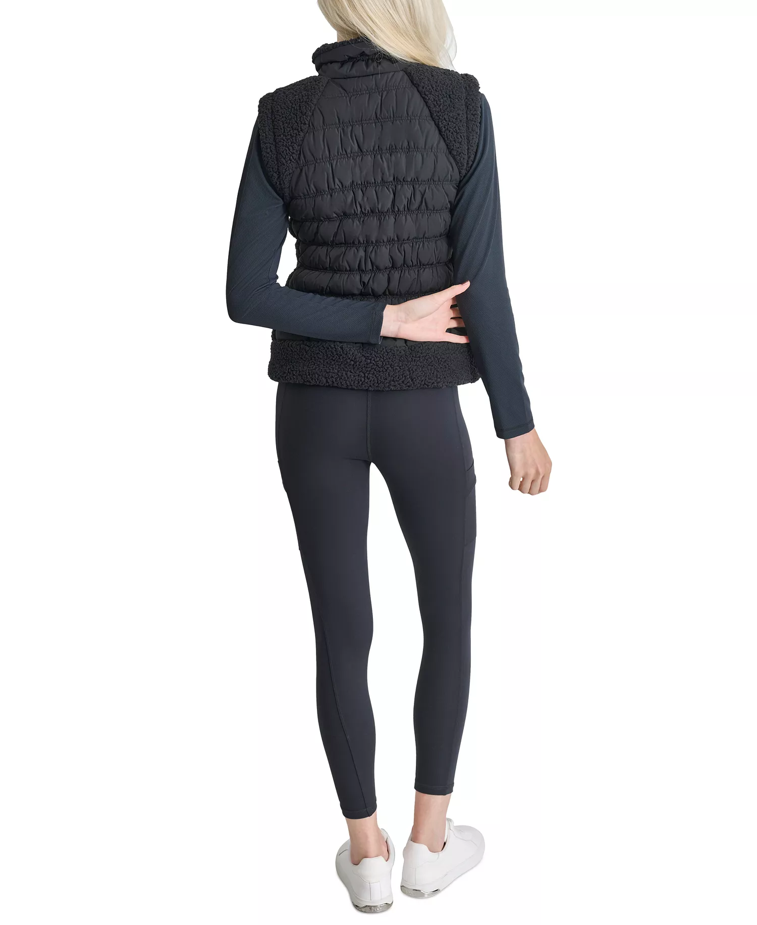 Women's Horizontal Channel Quilted Mock Neck Puffer Vest with Sherpa - Blk/black - L