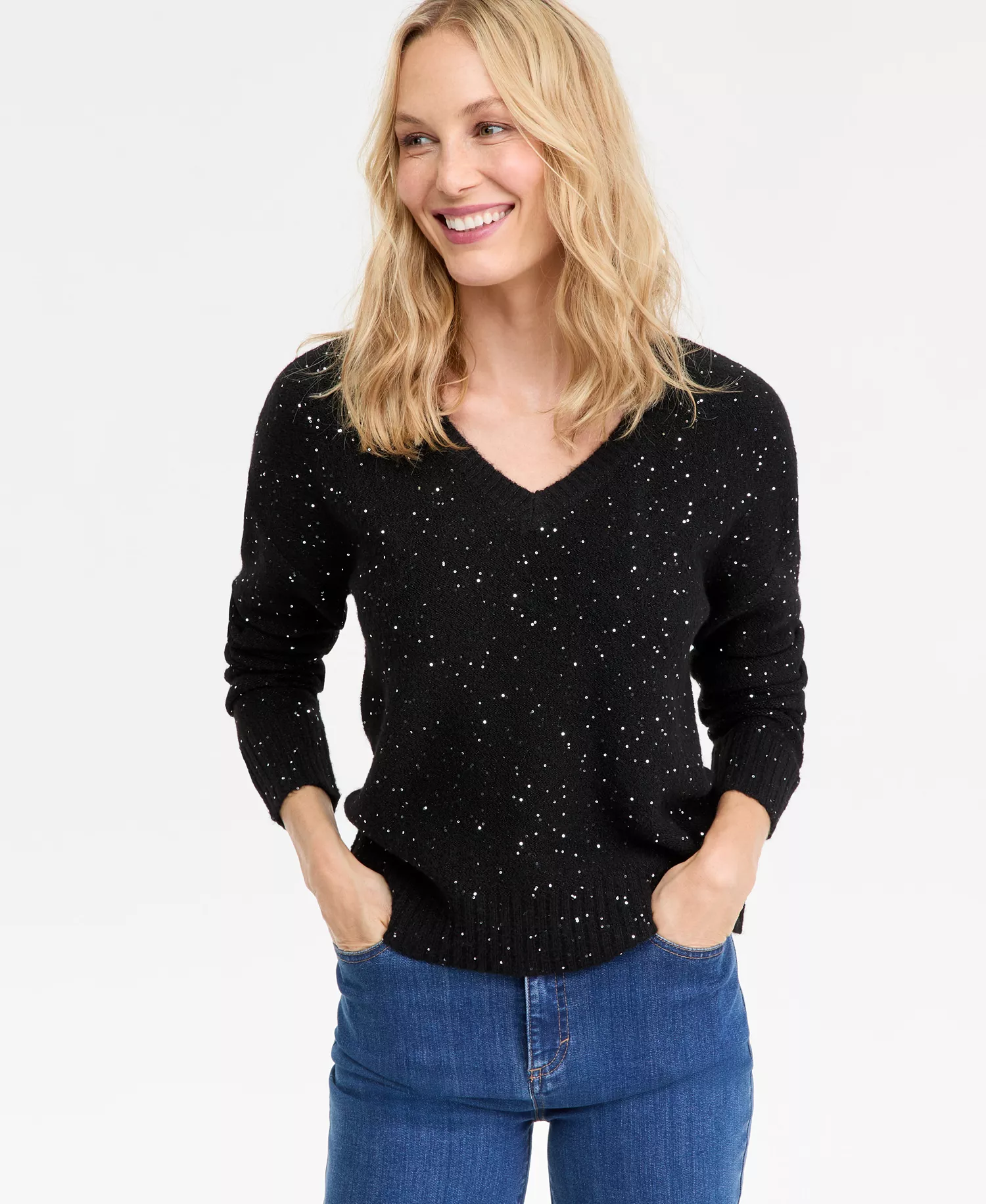 Petite Roving Sequin V-Neck Sweater, Macy's Exclusive  - Deep Black - P/XL