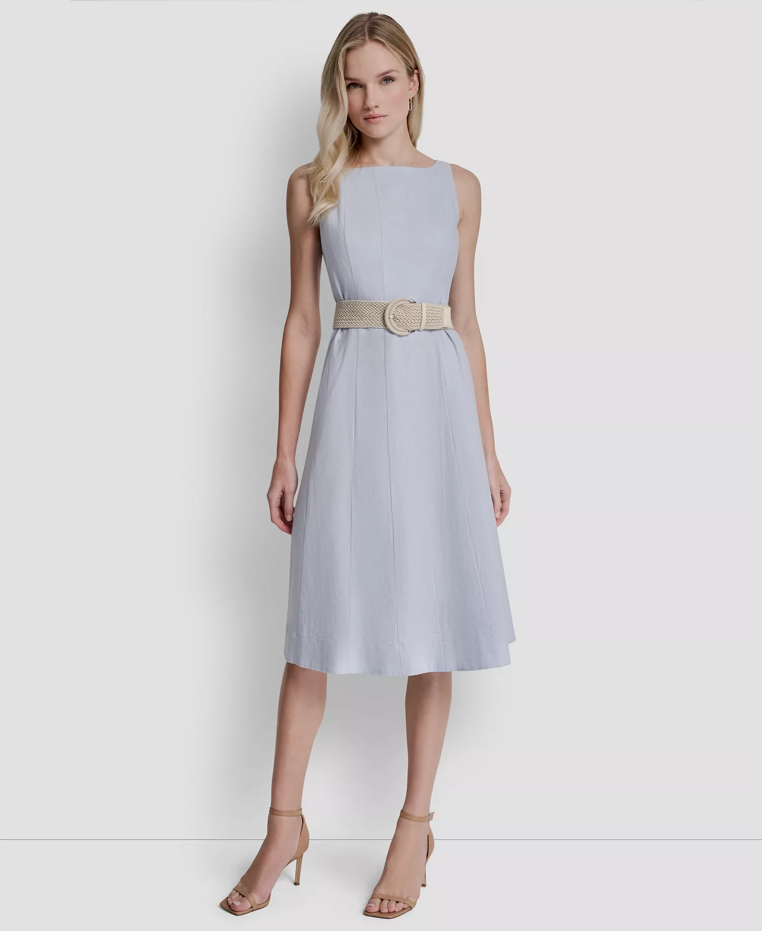 Women's Belted Fit And Flare Boat Neck Midi Dress - Skyway Blue - 10