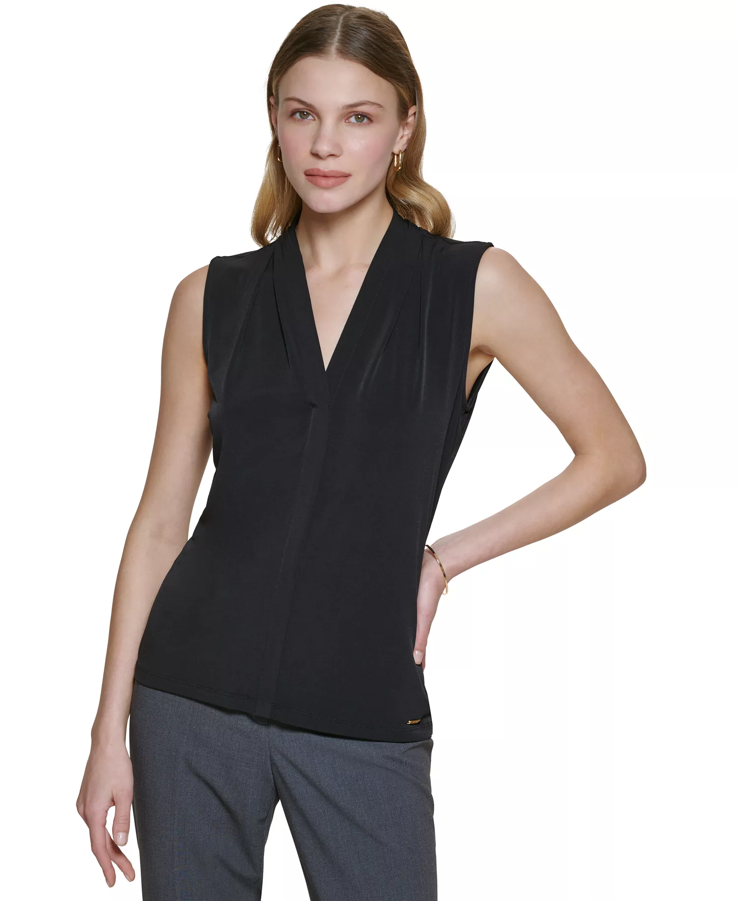 Gathered V-Neck Sleeveless Top - Black - L