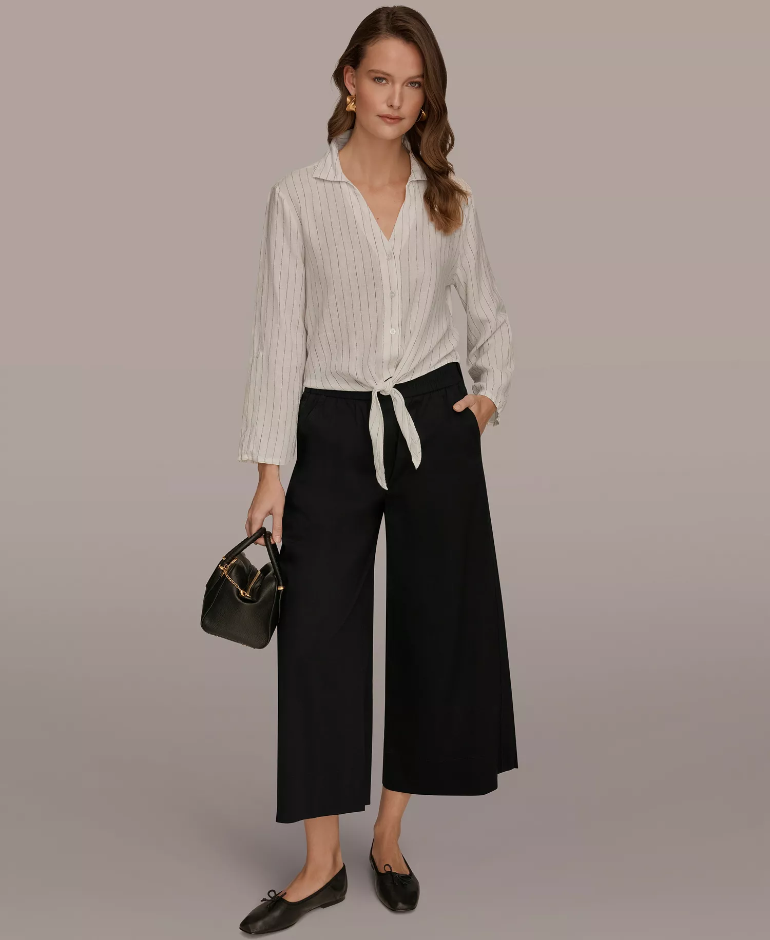 Women's Linen Button-Front Tie Blouse - Cream/Black - L