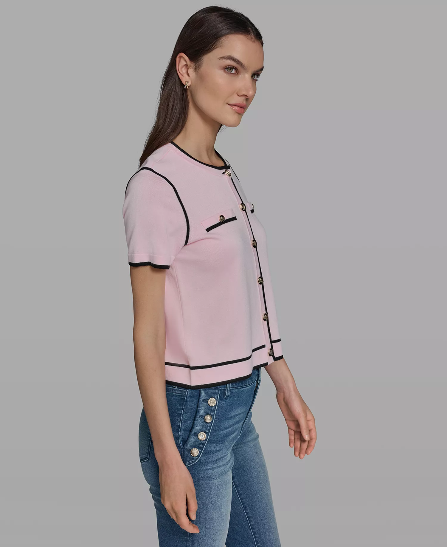 Petite Short-Sleeve Tipped Sweater - Ballet Slipper - P/L