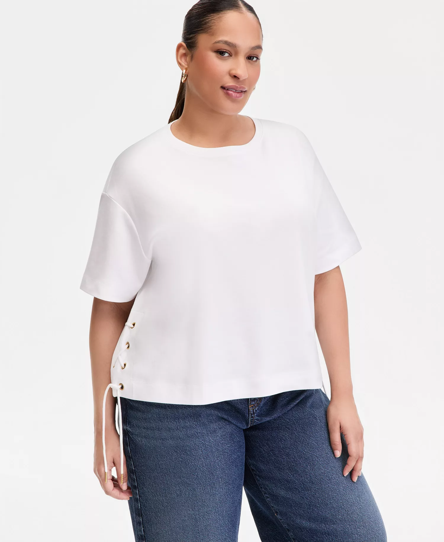 Plus Size Lace-Up-Side Cotton T-Shirt, Macy's Exclusive  - Bright White - 0X