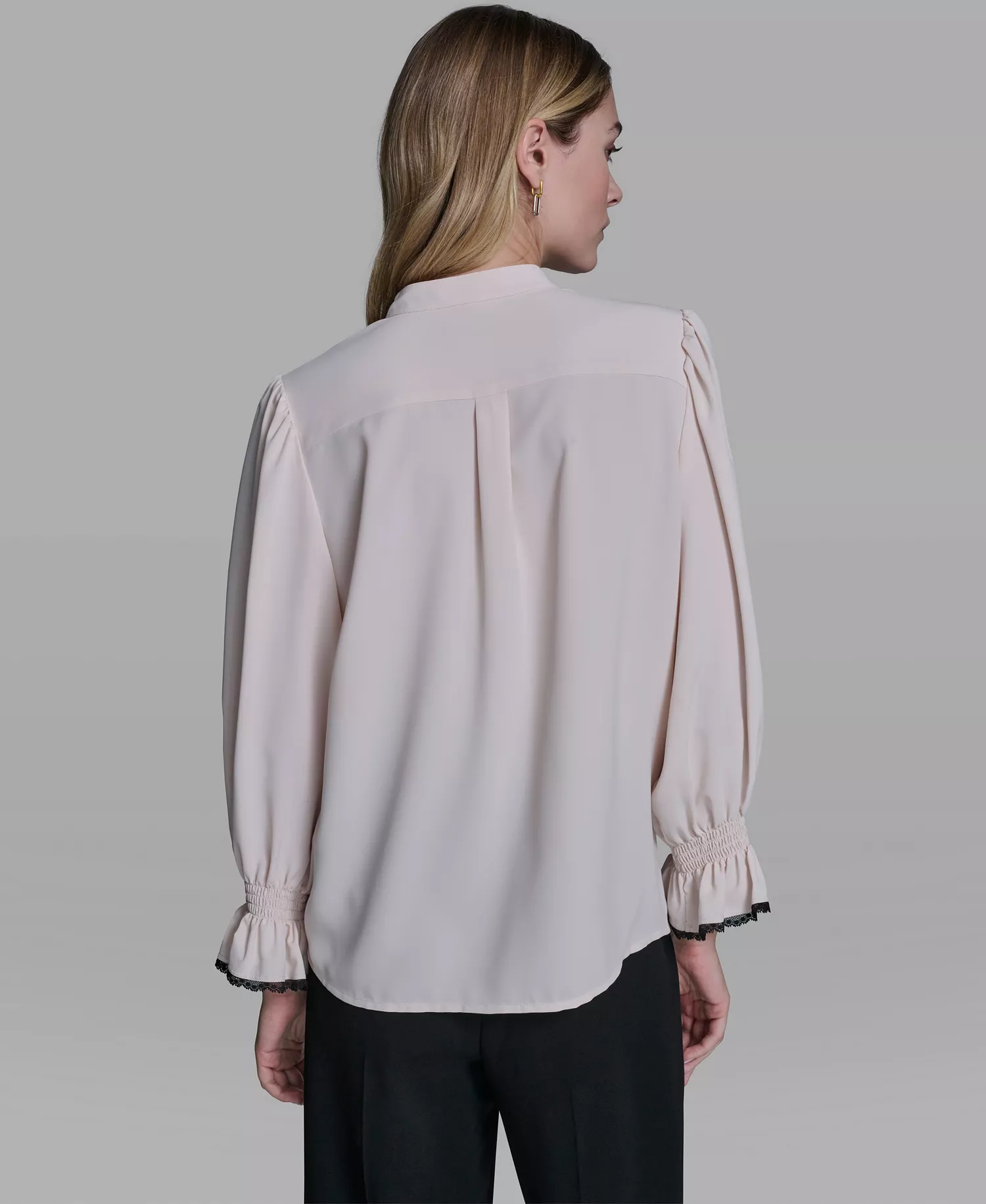 Women's Ruffle Lace Trim Long-Sleeve Blouse - Bisque - L