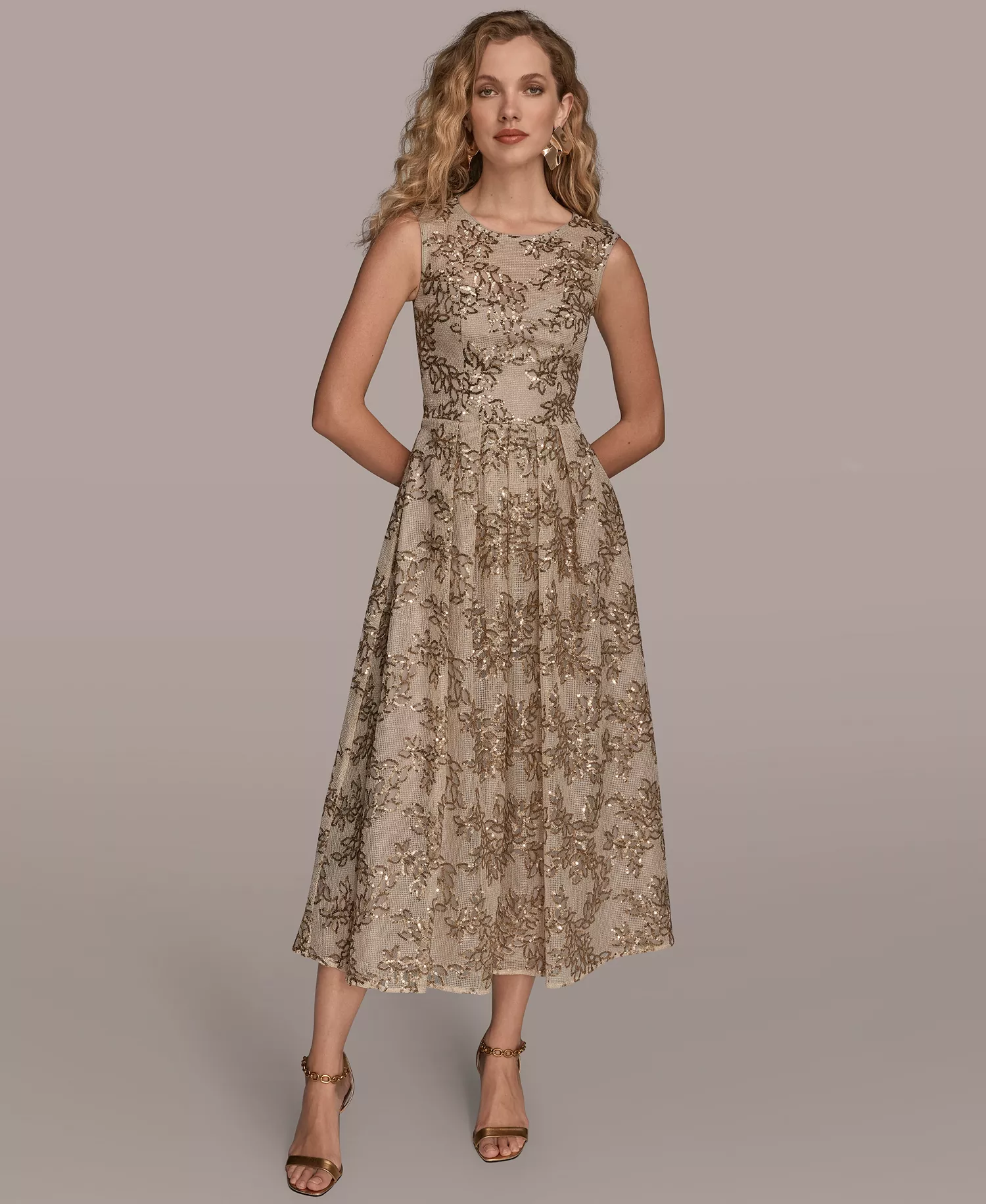 Women's Sleeveless Floral A-line Dress - Sand - 2